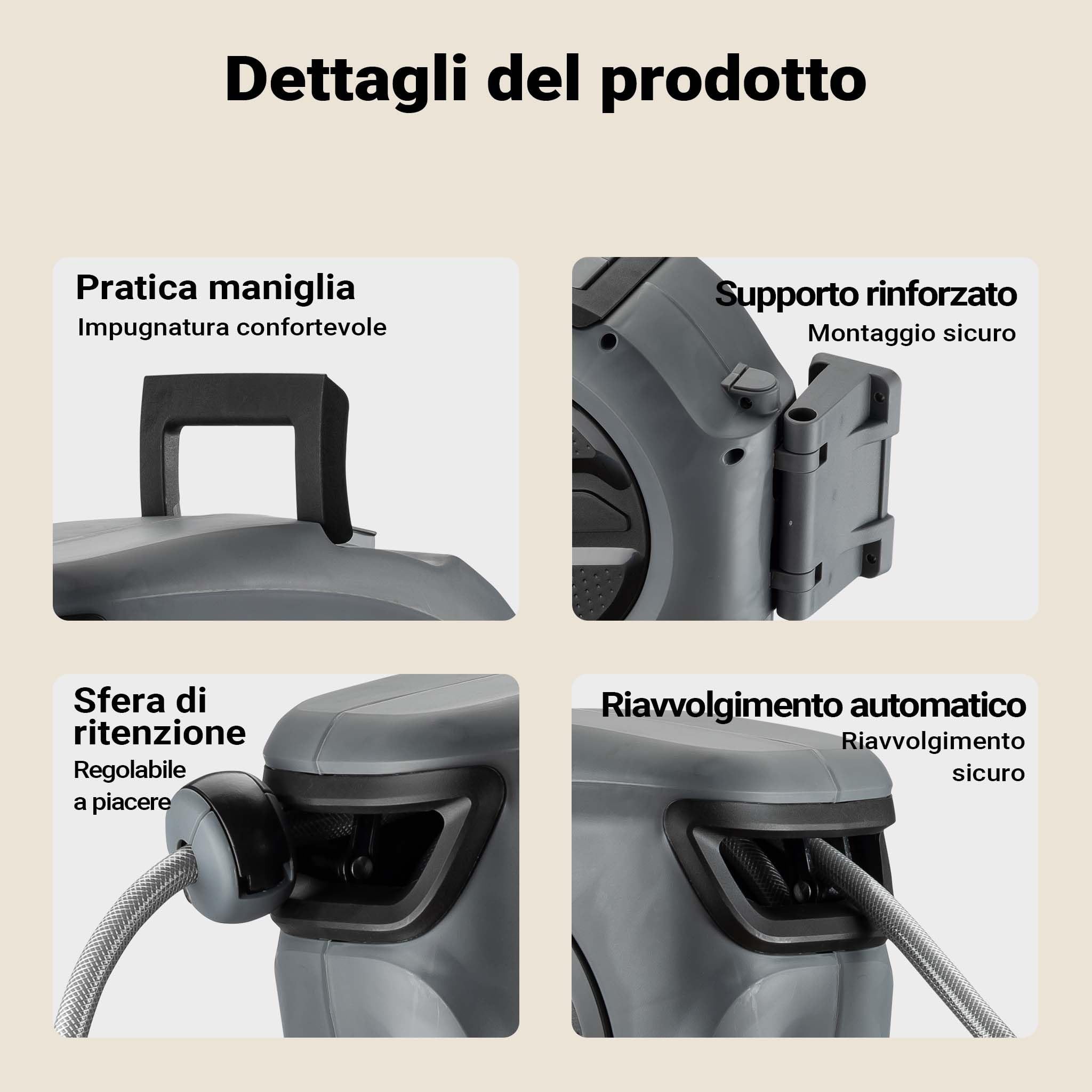 XPOtool Portatubo da giardino con avvolgitore automatico, avvolgitubo da parete con tubo da 20m, avvolgitore per tubo acqua
