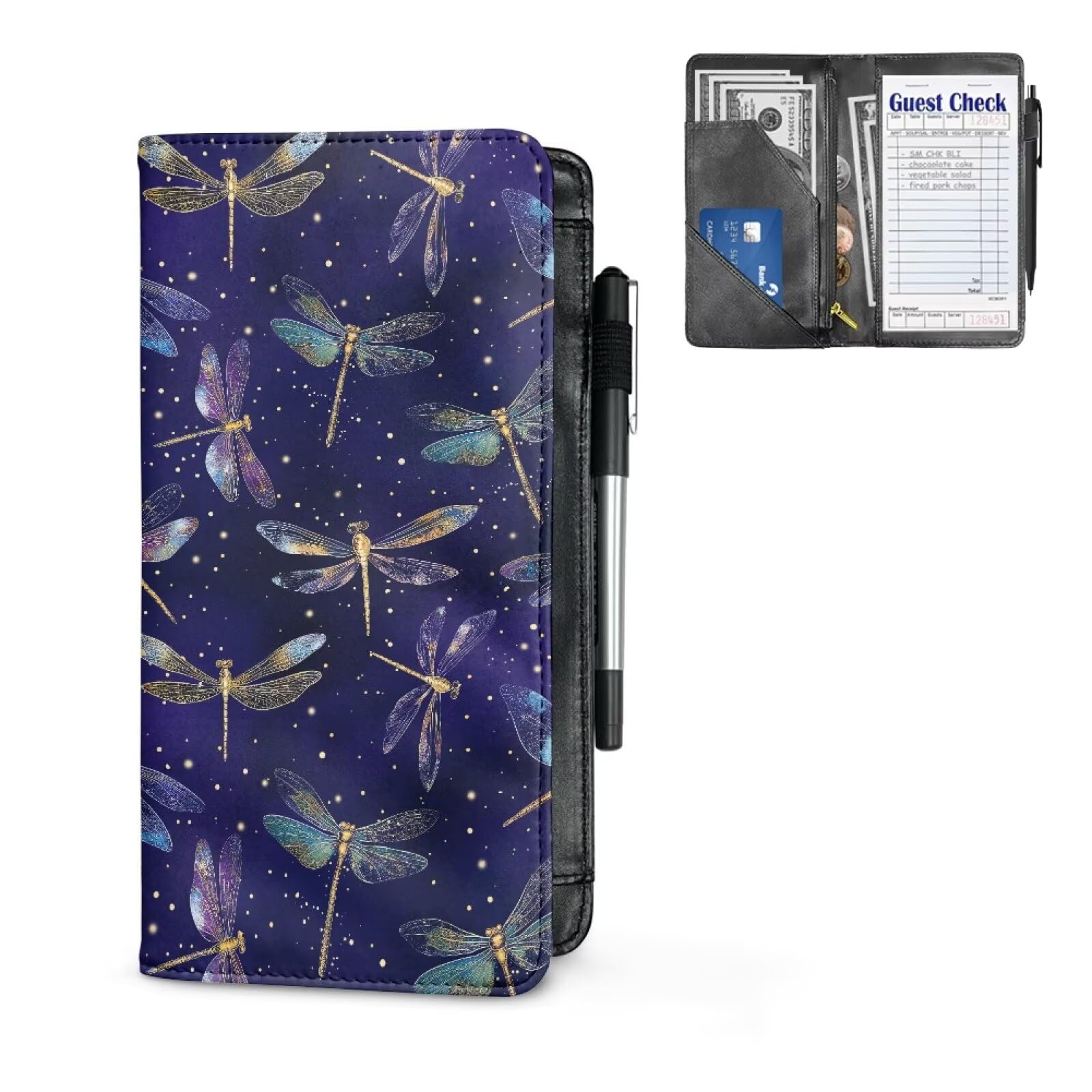 Puganiruo Dragonfly Server Book for Waitress with Zipper Pocket, Organizer Book PU Leather Waiter Serving Book with Pen Holder for Waitress Notepads