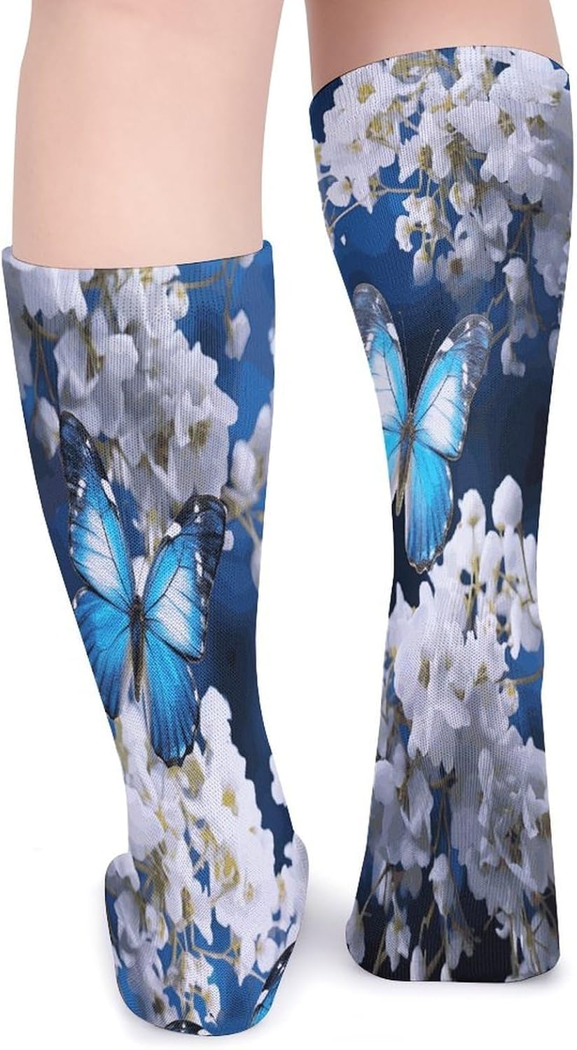 Blue Butterflies White Flowers Crew Socks Soft Thermal Socks | Socks for Men Women-Casual Wicking,High Stocking for Sports Running-Long Thin Tube Sports Breathable