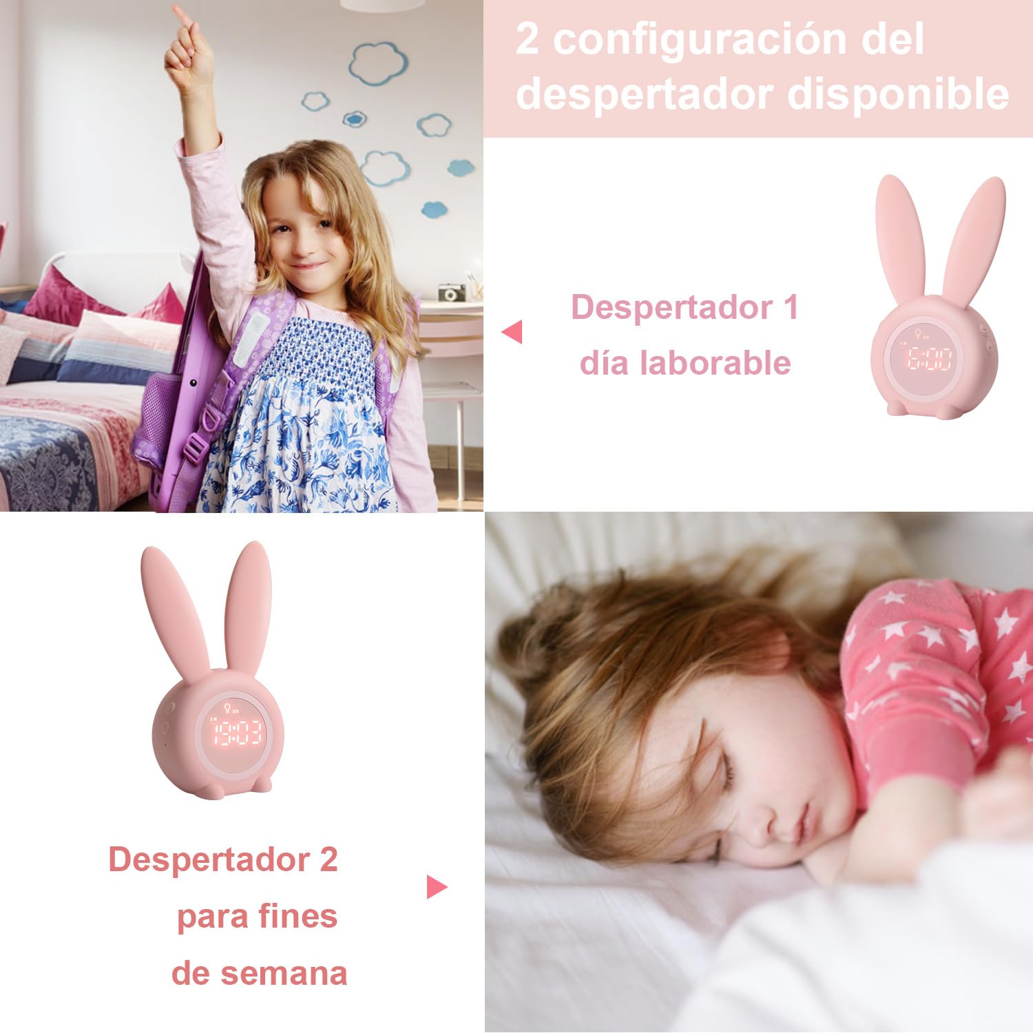 Reloj Despertador conejo Rabbit Clock, Conejito Lindo Dormitorio de Noche con lámpara de luz Nocturna + 6 música Interesante + Función de Cuenta Regresiva, Despertador infantil niña Estudiantes Rosa