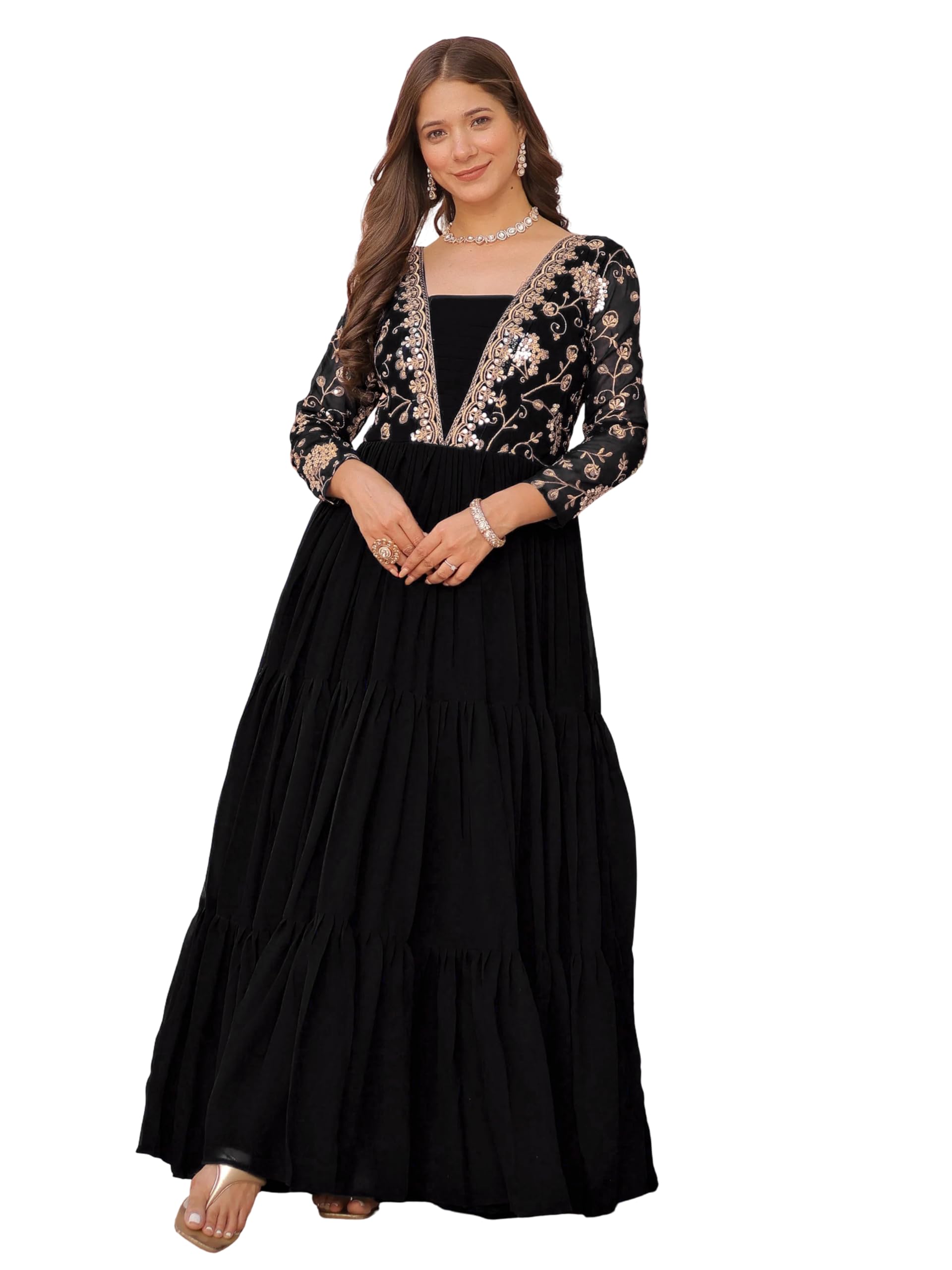 Women's Georgette Gown Dress with Square Neck 3/4th Sleeves Solid Pattern Embroidery Work Anarkali Style and Ankle Length-image-30