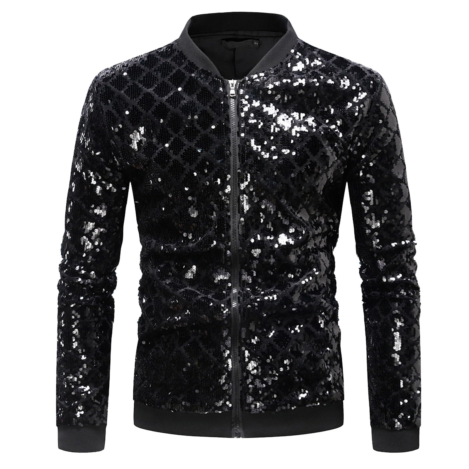 Baseball Jacke Kurz Herren Metallic Nachtclub Reißverschluss Baseball Bomber Jacke 70er Disco Party Kostüm Wetlook Jacke Sweatjacke Pailletten Outfits Glänzende jacke