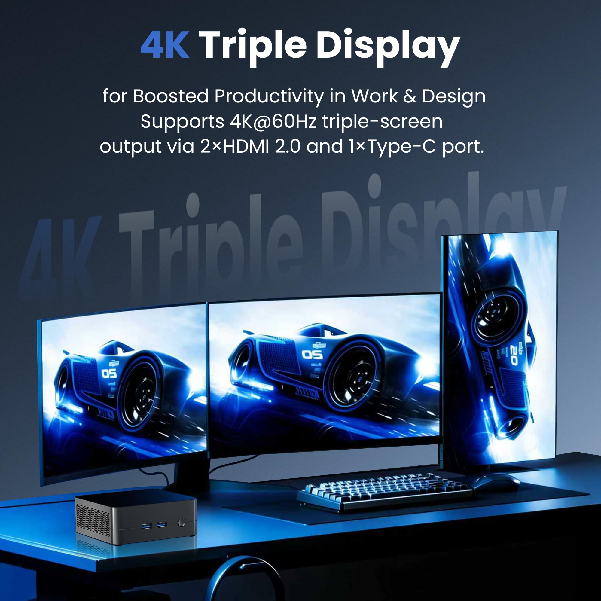 Mini PC, Ryzen 5 7430U (6C/12T 4,3 GHz) 8 GB DDR4 256 GB SSD, Windows 11 Pro/WiFi 6/BT-5.2/USB*4/Type-C (4K @ 60Hz~8K @ 30Hz)/HDMI*2 (4K @ 60Hz) 3 uscite video
