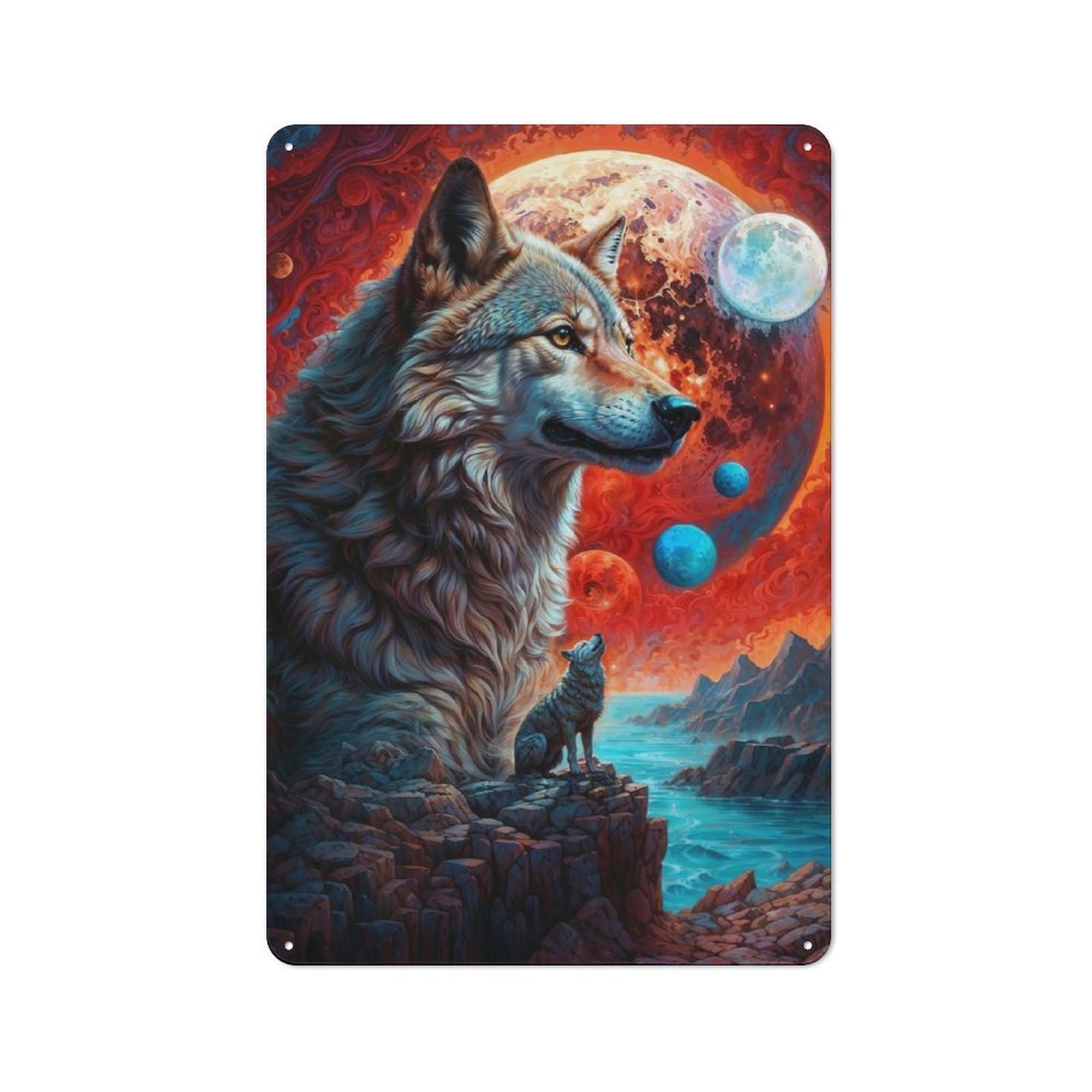 Junmoney Many Moons Lone Wolf Industrial-Style Metal Plaque 30X20cm For Workshop Wall, For Vintage Wall Decor Fans, For Themed Room Decoration