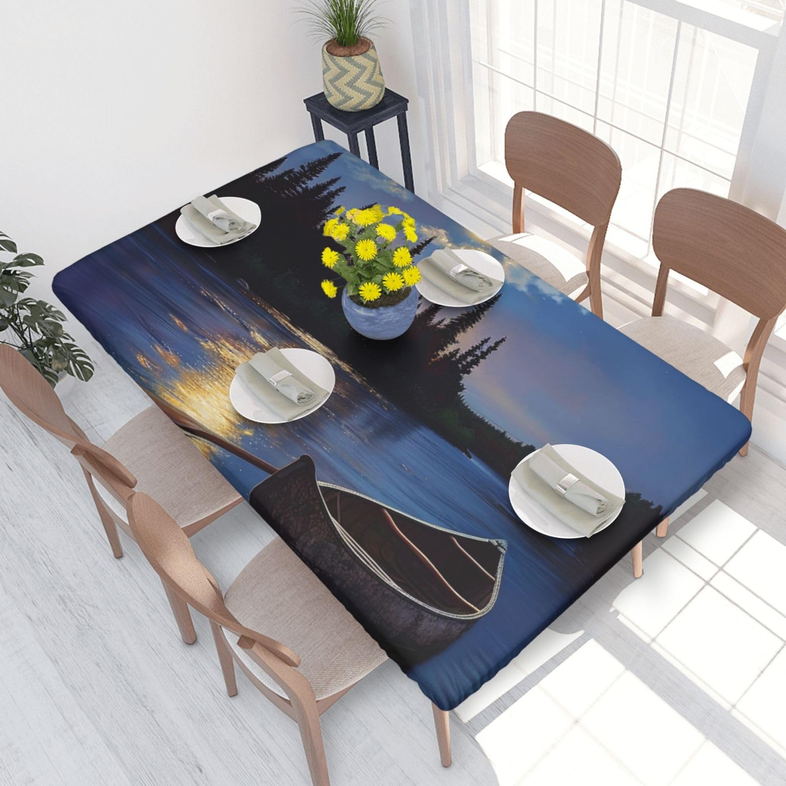 DCARSETCV Boat on the lake at night Printed 4FT Waterproof Tablecloth with Elastic Edged Protect & Decor Your Table, Oil-proof Washable Table Cloth Cover for Dinner Picnic Party