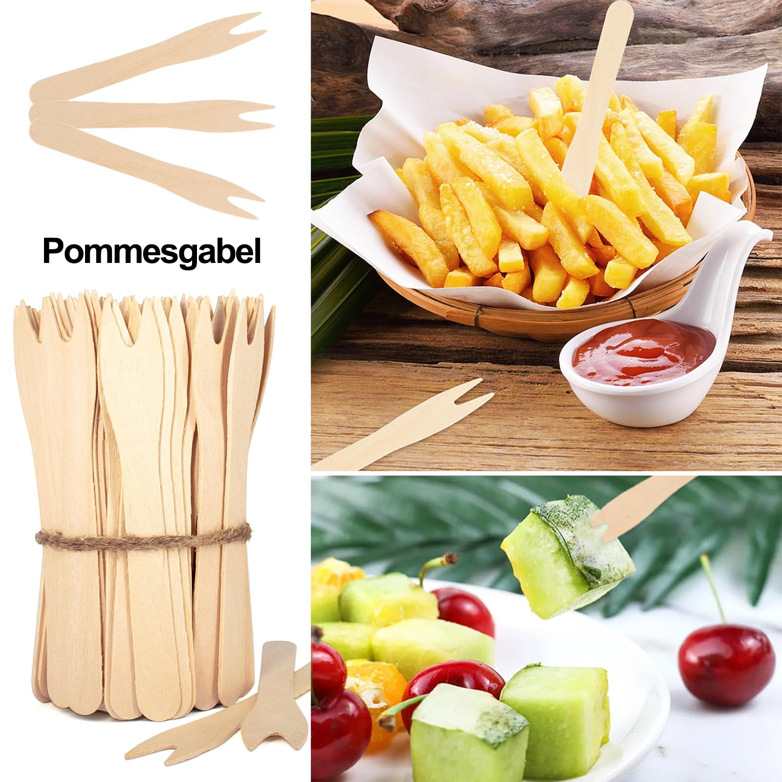 GREENBOX Forchette in legno per patatine fritte e patatine fritte da 8,5 cm compostabili in legno duro naturale