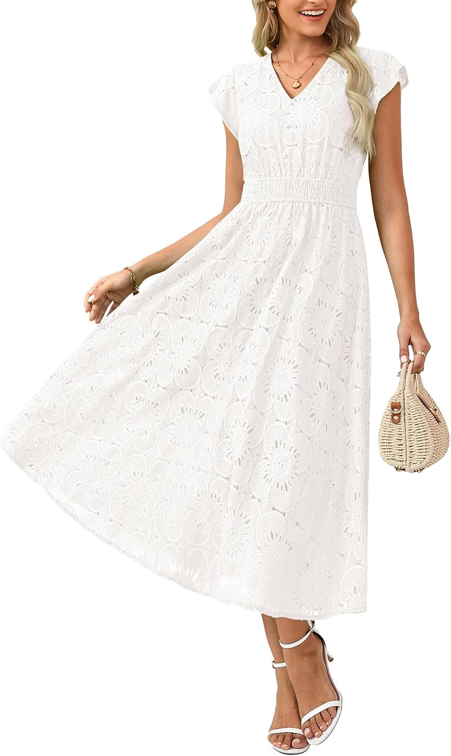 GRACE KARIN Women 2026 Summer Midi Dress,Ruffle Sleeve V Neck Smocked Eyelet Dresses,Flowy A Line Beach Vacation Dresses