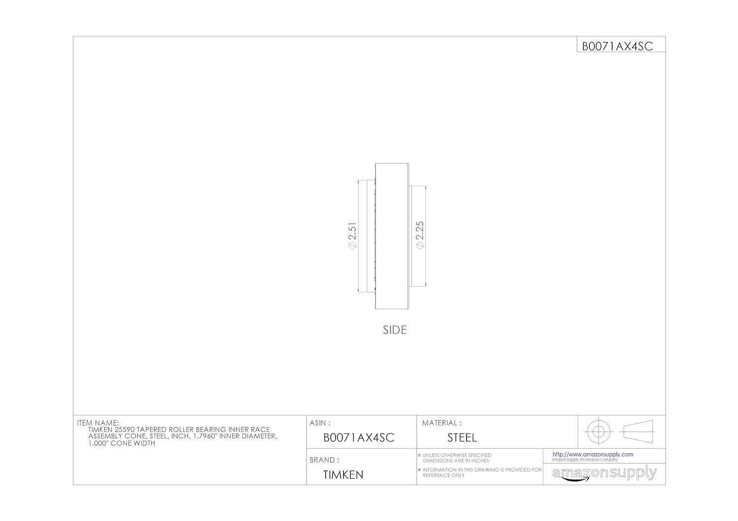 Timken 25590 Tapered Roller Bearing Inner Race Assembly Cone, Steel, Inch, 1.7960" Inner Diameter, 1.000" Cone Width