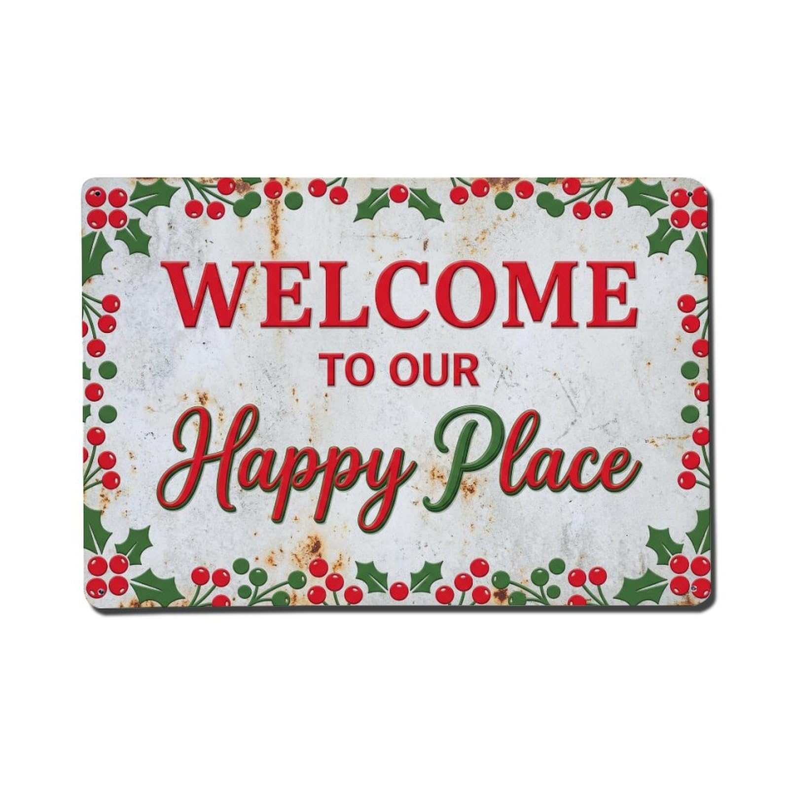 Welcome To Our Happy Place Winterberry Garden Metal Tin Sign Plaque Wall Decor for Cafe, Club Bar, Office, Home Garden Metal Poster 8x12Inch