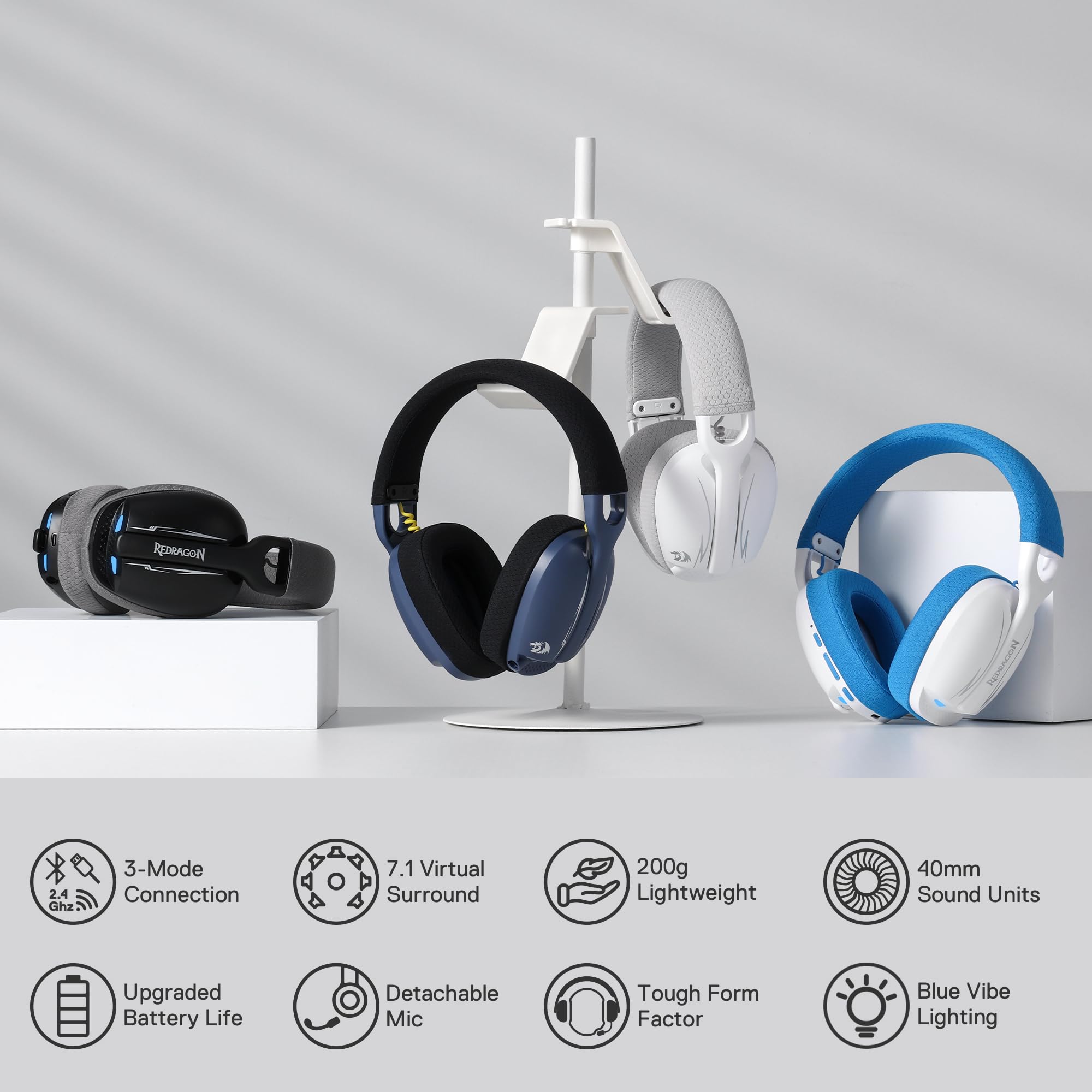 Redragon H878 Cuffie da Gioco Wireless a 3 Modalità con Retroilluminazione Blu - Leggere - Suono Surround 7.1 - Driver da 40MM - Microfono Rimovibile Multi Piattaforme per PC, PS5/4/3, Switch, Mobile