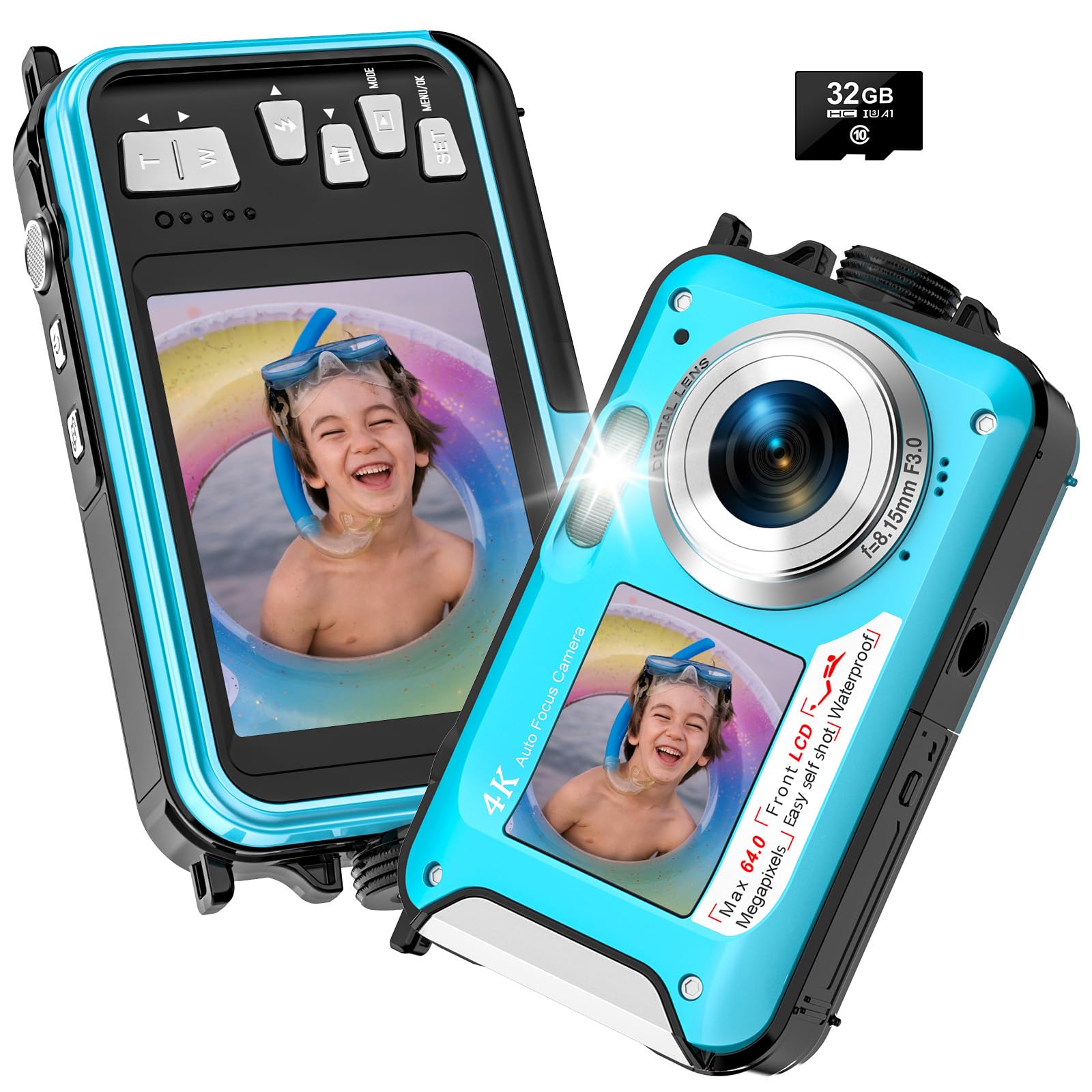 4K Underwater Camera 64MP Autofocus 16FT Waterproof Camera Dual-Screen Selfie
