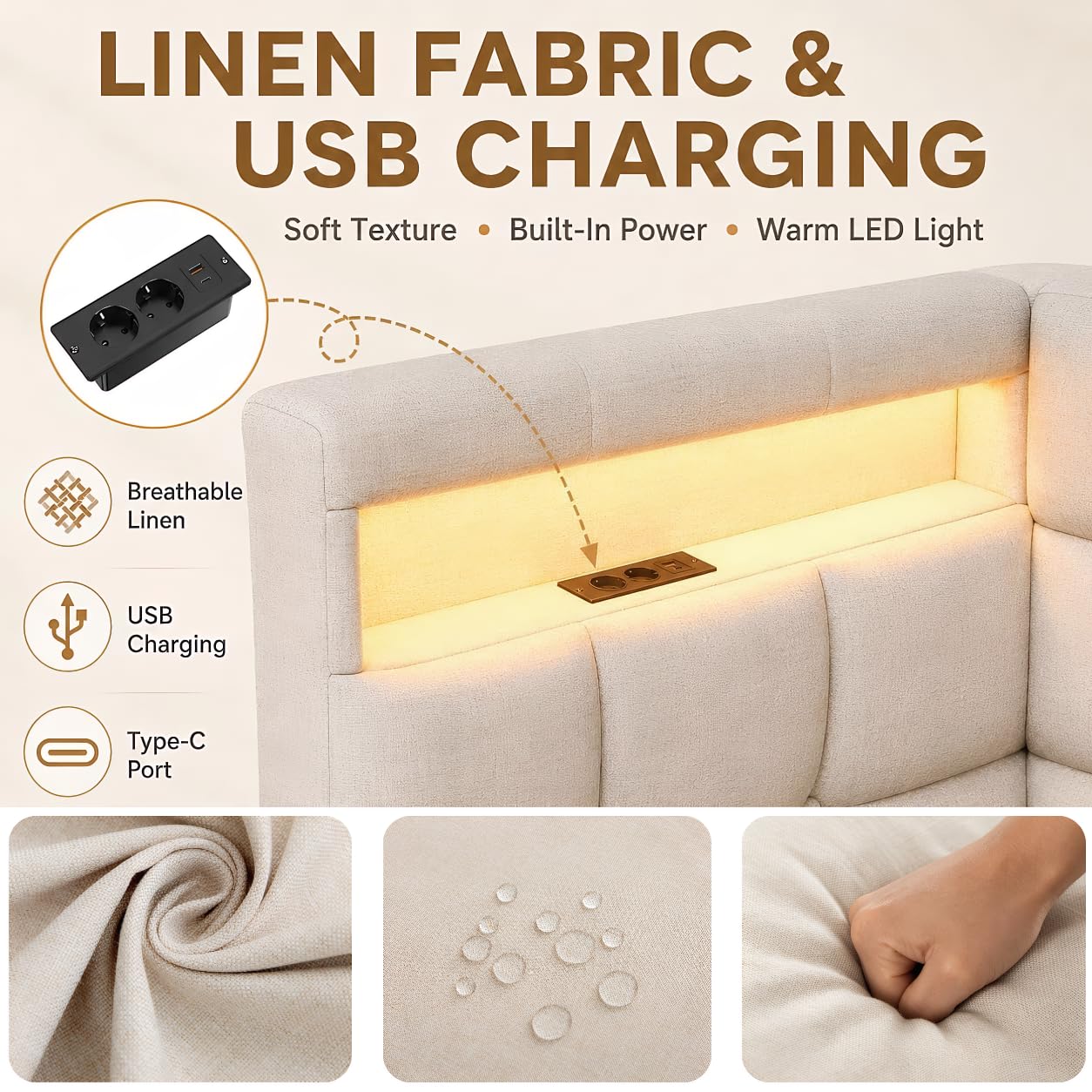 BRILVERDE Polsterbett 90x200 mit Schubladen, Jugendbett mit LED/USB-Licht, Schlafsofa mit Kopfteil, Tagesbett mit Lattenrost, Leinen (Beige, 90 x 200 cm)