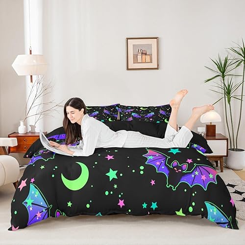 Miniatura 5 de Erosebridal Juego de funda de edredón de murciélagos con purpurina azul y morado galaxia para niños y adolescentes, funda de edredón de cielo