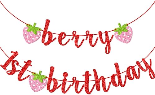 Banner de primer cumpleaños de bayas, pancarta de fresa con purpurina, decoración de primer cumpleaños (rojo)