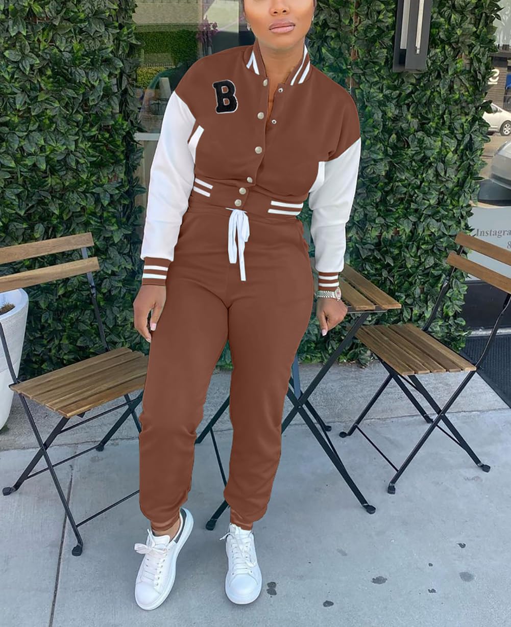 Fooullaide Women's Varsity Jacket Sweatsuit 2 Piece Tracksuit Crop Top Button Down Letterman Jackets Pants Sets - Image 5