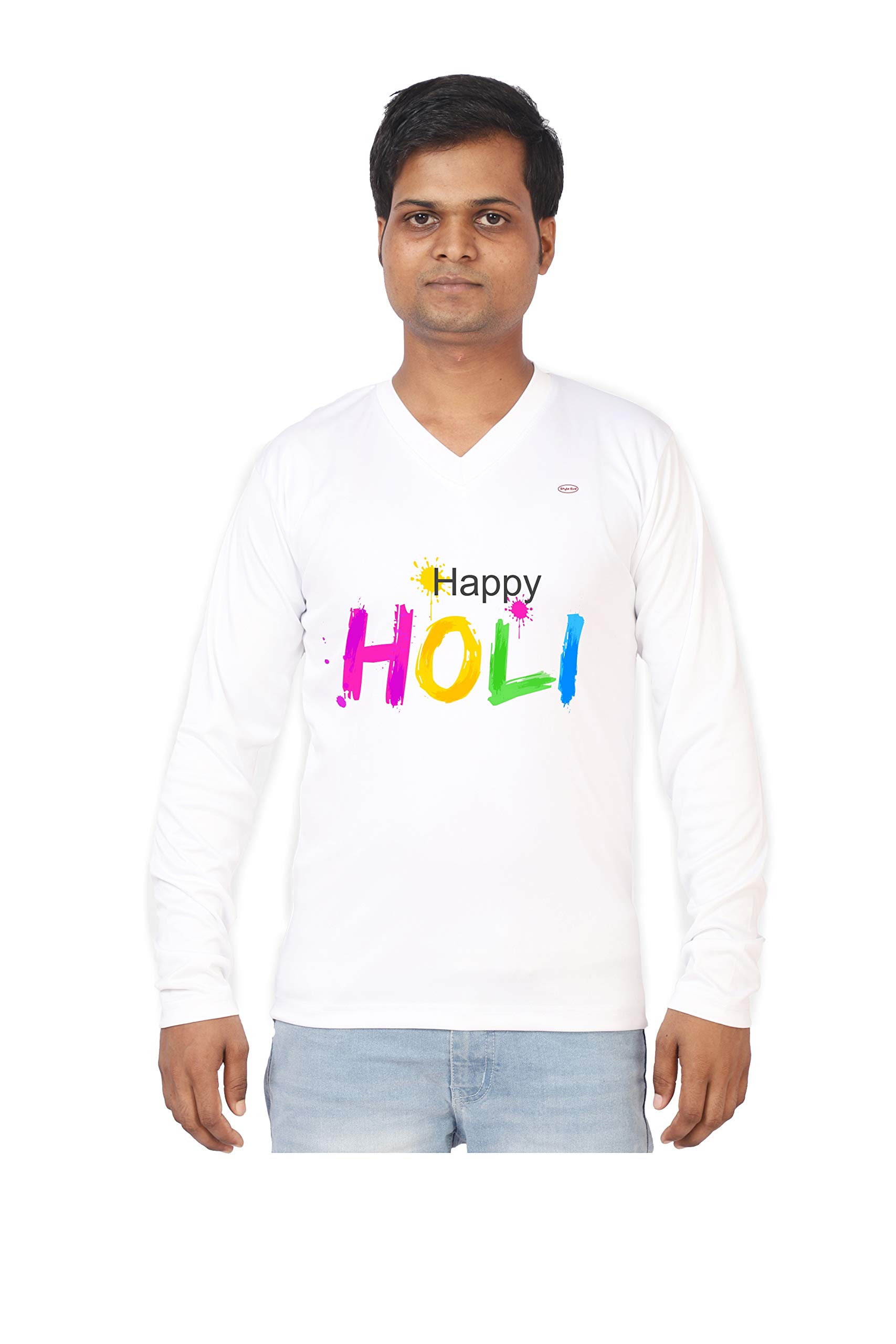Style EvaWhite Polyester | 348 - Holi | Holi Printed Full Sleeve V Neck T-Shirt