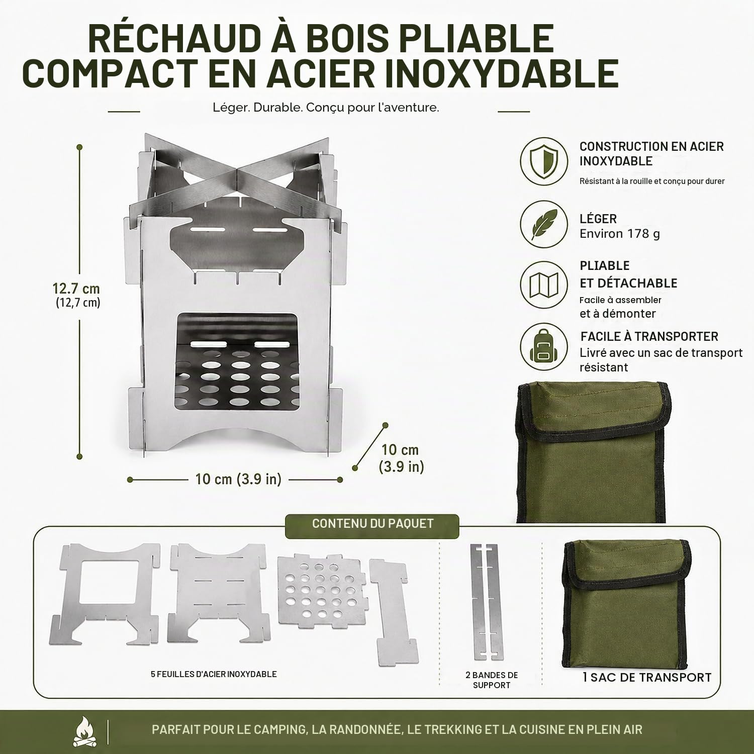 Mini réchaud à bois de camping portable, 10 x 10 cm, pliable, amovible, léger en acier inoxydable avec sac de transport, pour l'extérieur, les voyages, la randonnée et le pique-nique
