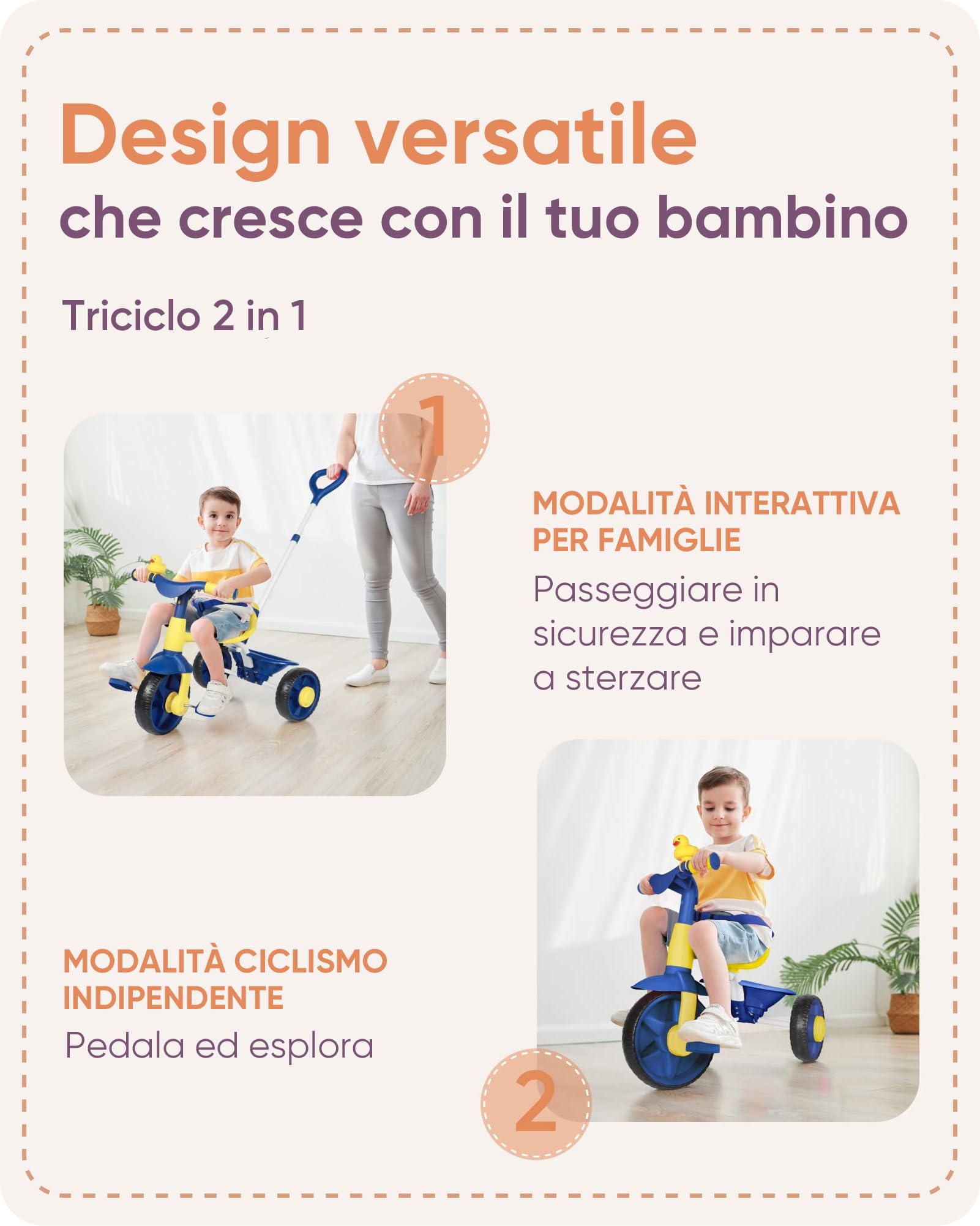 KRIDDO 2 in 1 Triciclo per Bambini da 2 a 3 Anni, Ruote EVA Aggiornate, Regalo per Bambini, Tricicli per Bambini dai 18 Mesi ai 3 Anni, con Maniglione regolabile e Campanello a Forma di Anatra, Blu