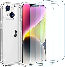 Whioltl Case for iPhone 14 with 3 Pieces Tempered Glass Screen Protector, Transparent Silicone TPU Bumper Case Cover, Anti-Yellowing, Anti-Scratch, Hard Back HD Clear Protective Case