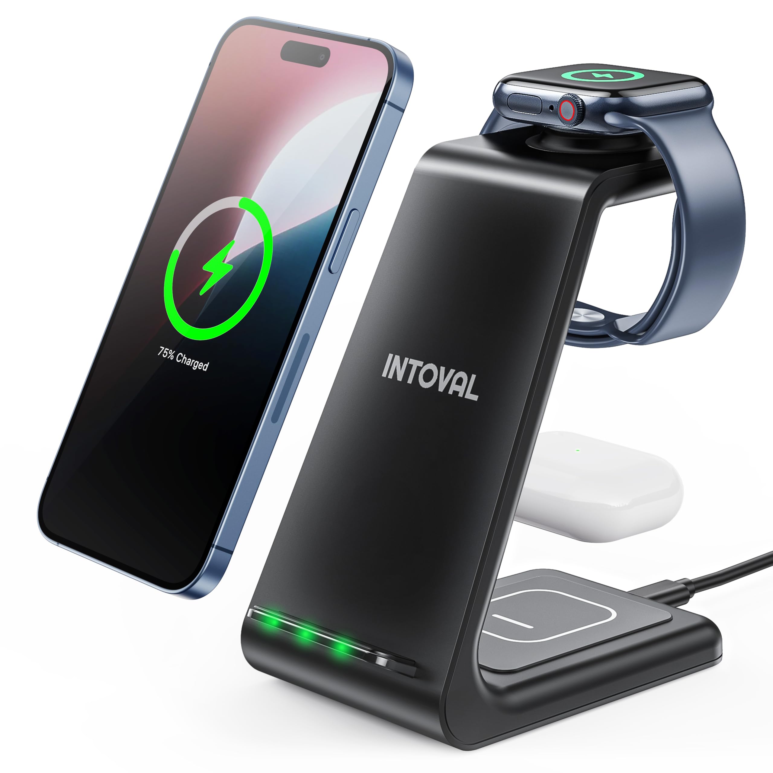 Intoval 3 in 1 Wireless Charging Station for iPhone and Apple Watch,Fast Wireless Charger Stand,Compact Desk Charging Dock for iPhone17 16 15 14 13/Pro/Max, iWatch11 10 9 Ultra/SE 3/3,AirPods