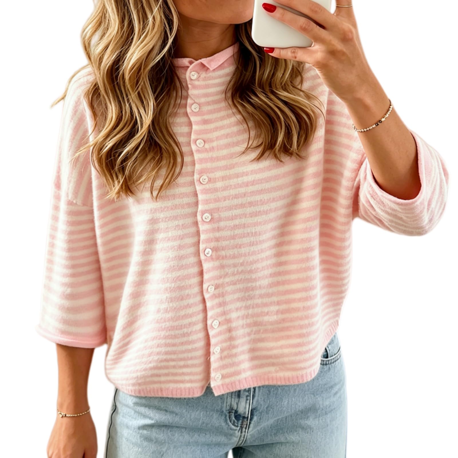 Women's 3/4 Sleeve Cardigans Striped Crewneck Button Down Knitted T-Shirt Spring Summer Casual Sweater Tops-image-44