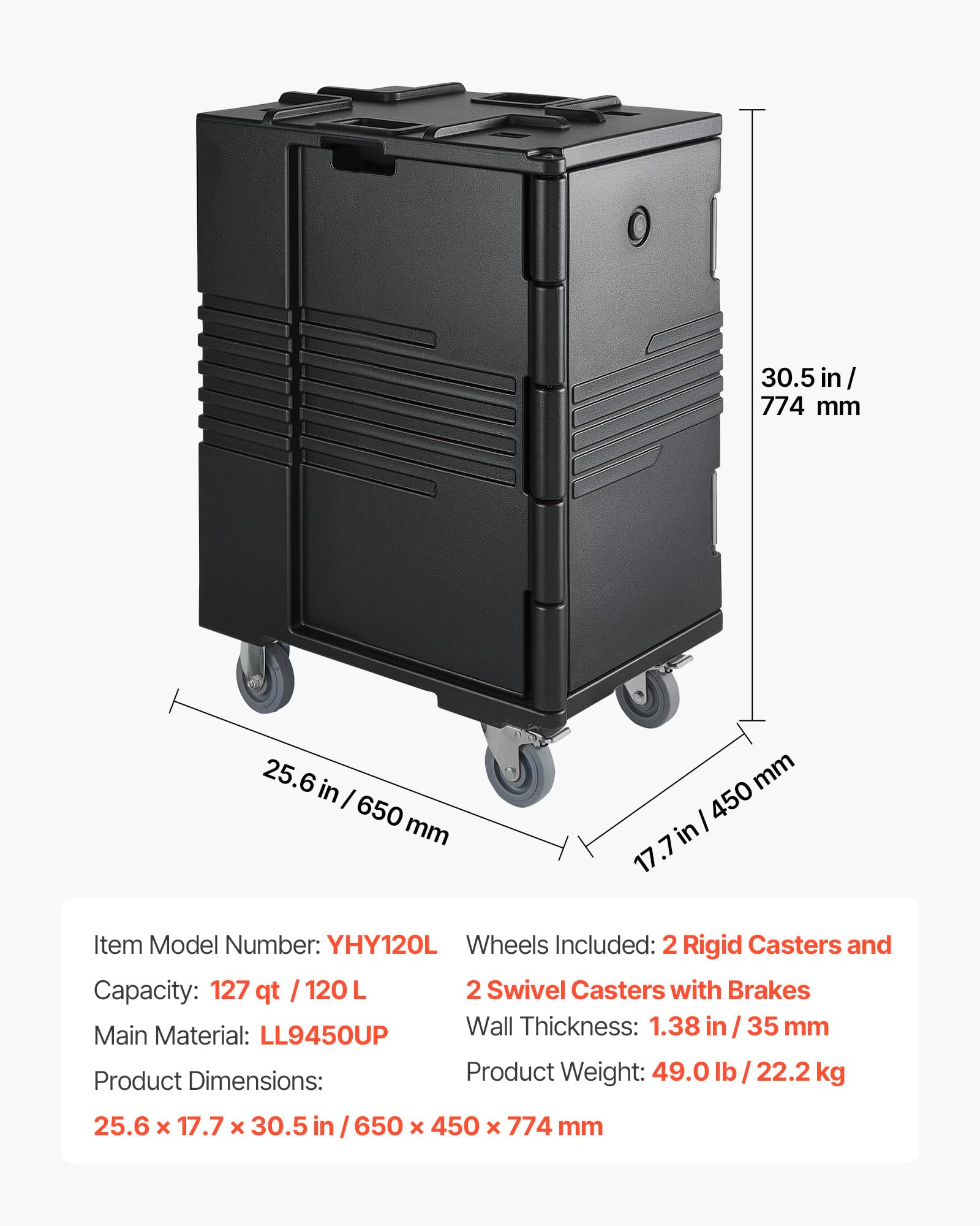VEVOR Conteneur Isotherme 120 L, Caisson Isotherme Alimentaire pour Bacs GN sans Électricité, pour Maintien au Chaud ou Frais Restauration, Boîte de Transport Traiteur Empilable en LLDPE avec Roues