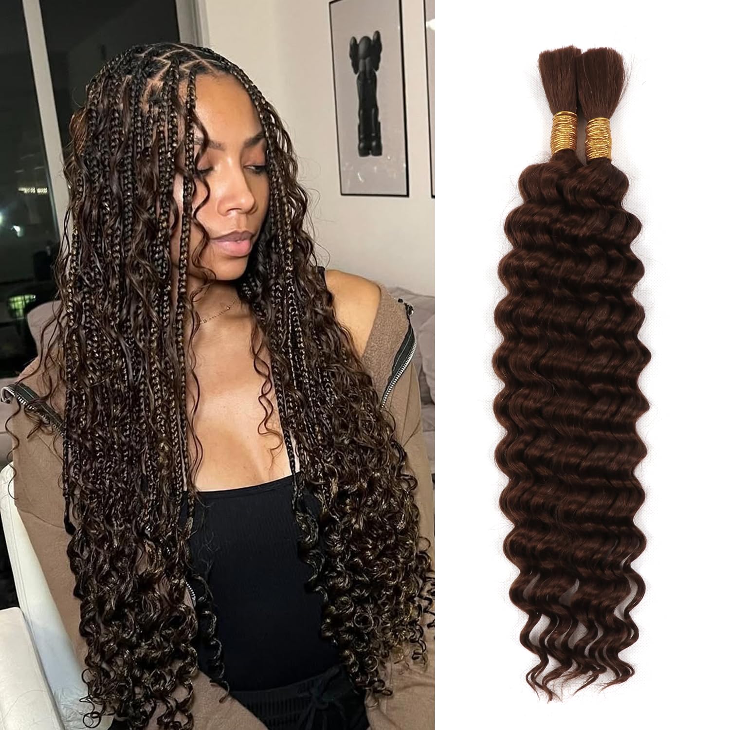 20 Inch Human Braiding Hair for Boho Braids 100g Curly Deep Wave Bulk Human Hair Bundles 100% Brazilian Wet and Wavy Micro Braids For Women (4#