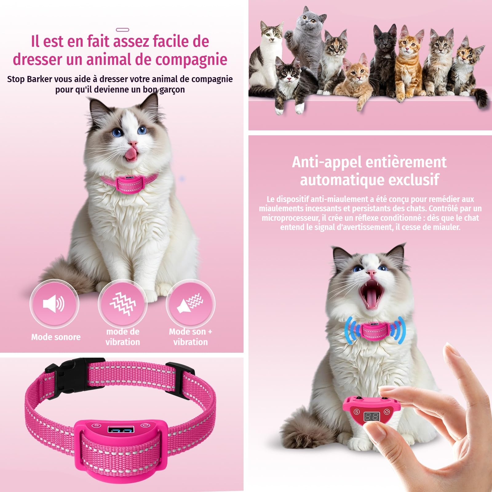 Collier Anti-Aboiement pour Chat 2 Modes Ajustables Rechargeable Taille Ajustable Collier Anti-Aboiement pour Chat