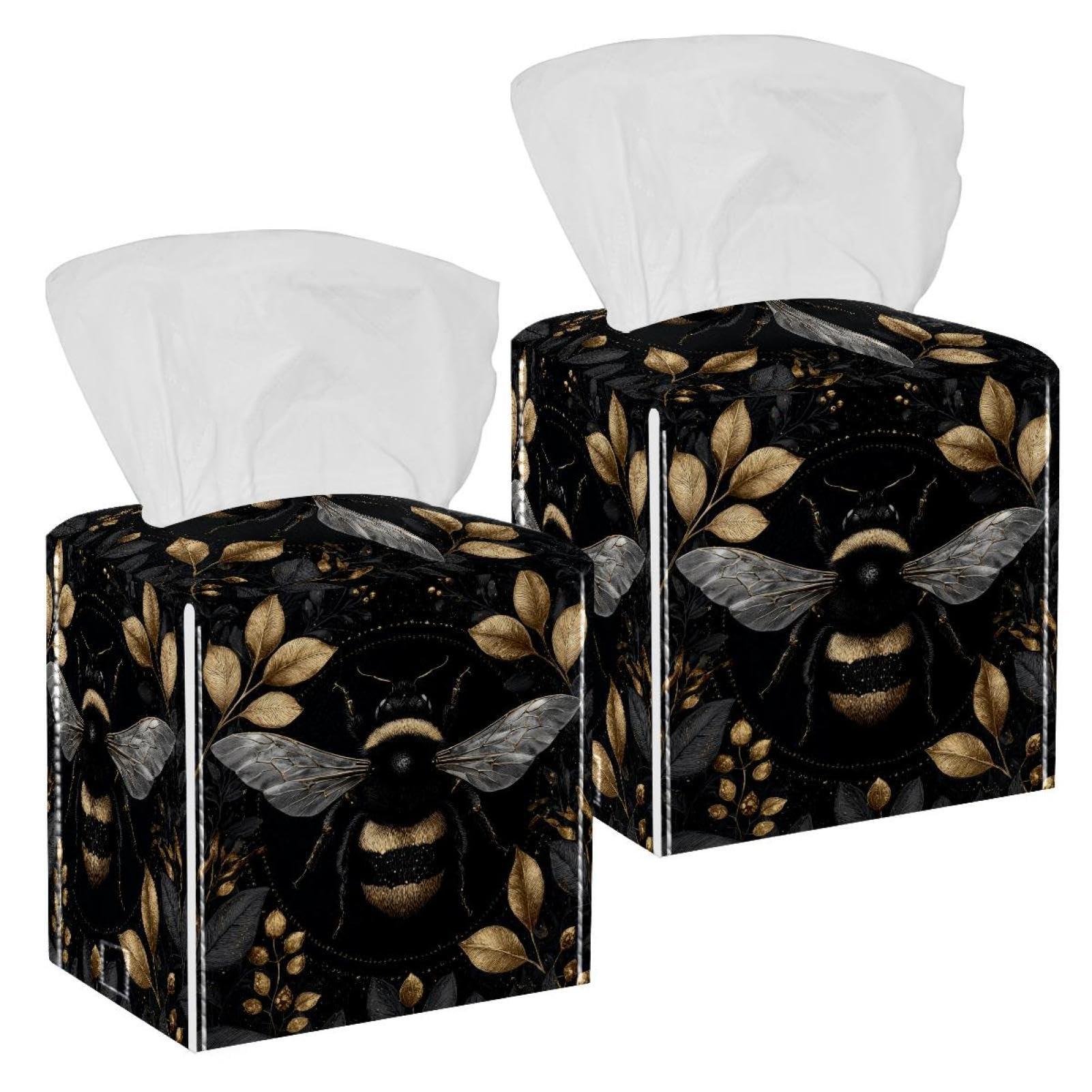 Bee Tissue Box Cover, 2 Pack PU Leather Square Facial Tissue Dispenser Box holder for Home Office Car