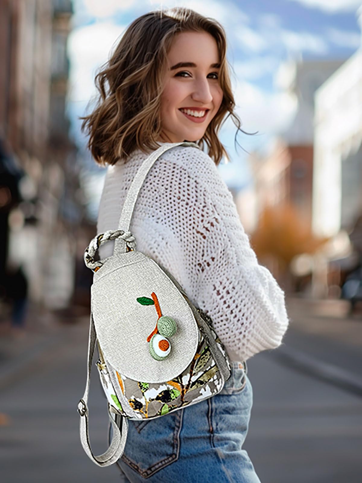 POPUCT Cute Small Cotton Hand Craft Backpack Purse Mini Multi Pocket Casual Daypack for Women(white avocado)