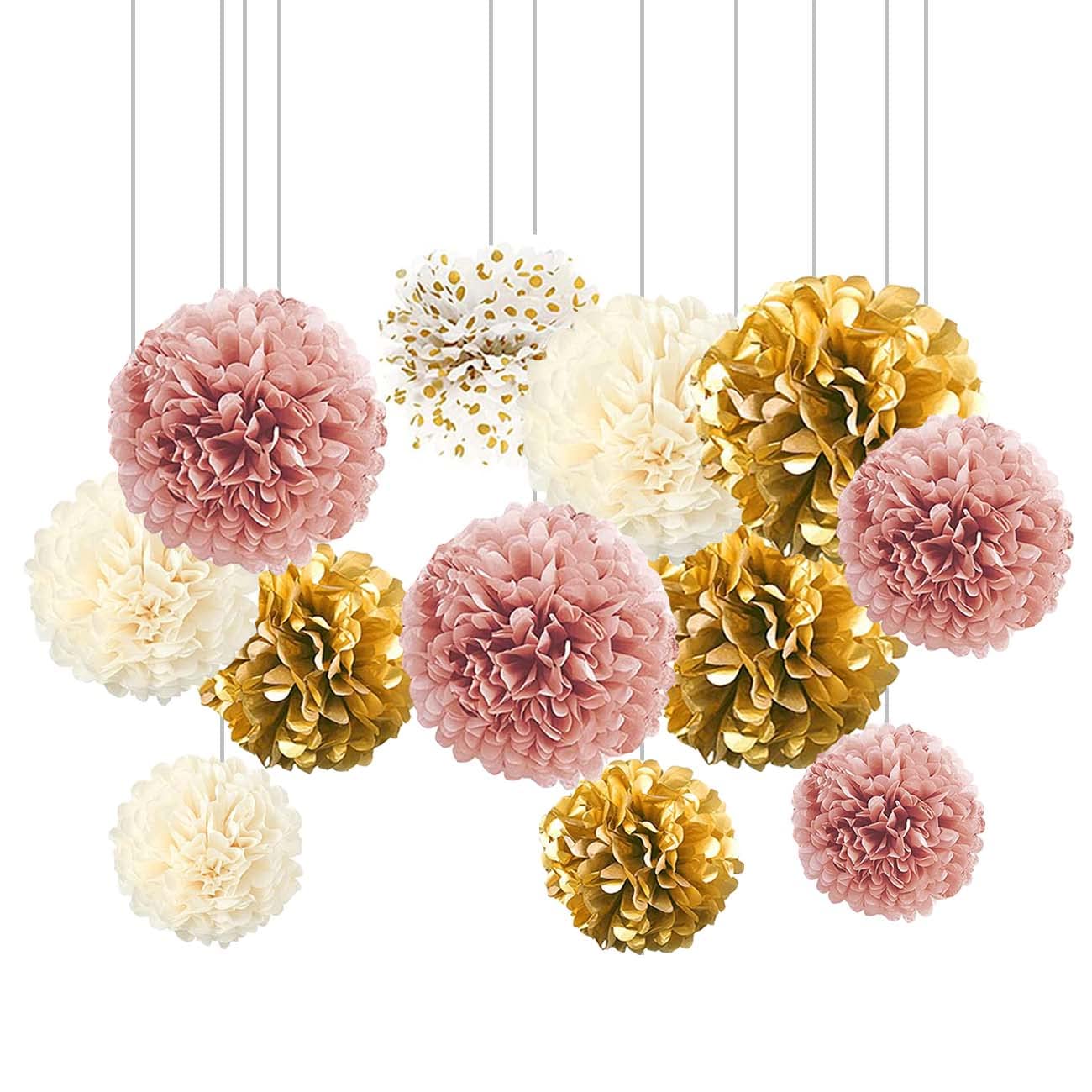 XIKSXITN 12 pc Gold Gradient Tissue Paper Pompoms-Hanging Gold Dot White Paper Pom Poms Paper Flowers Ball for Party Decorative(8&10&12 inch)
