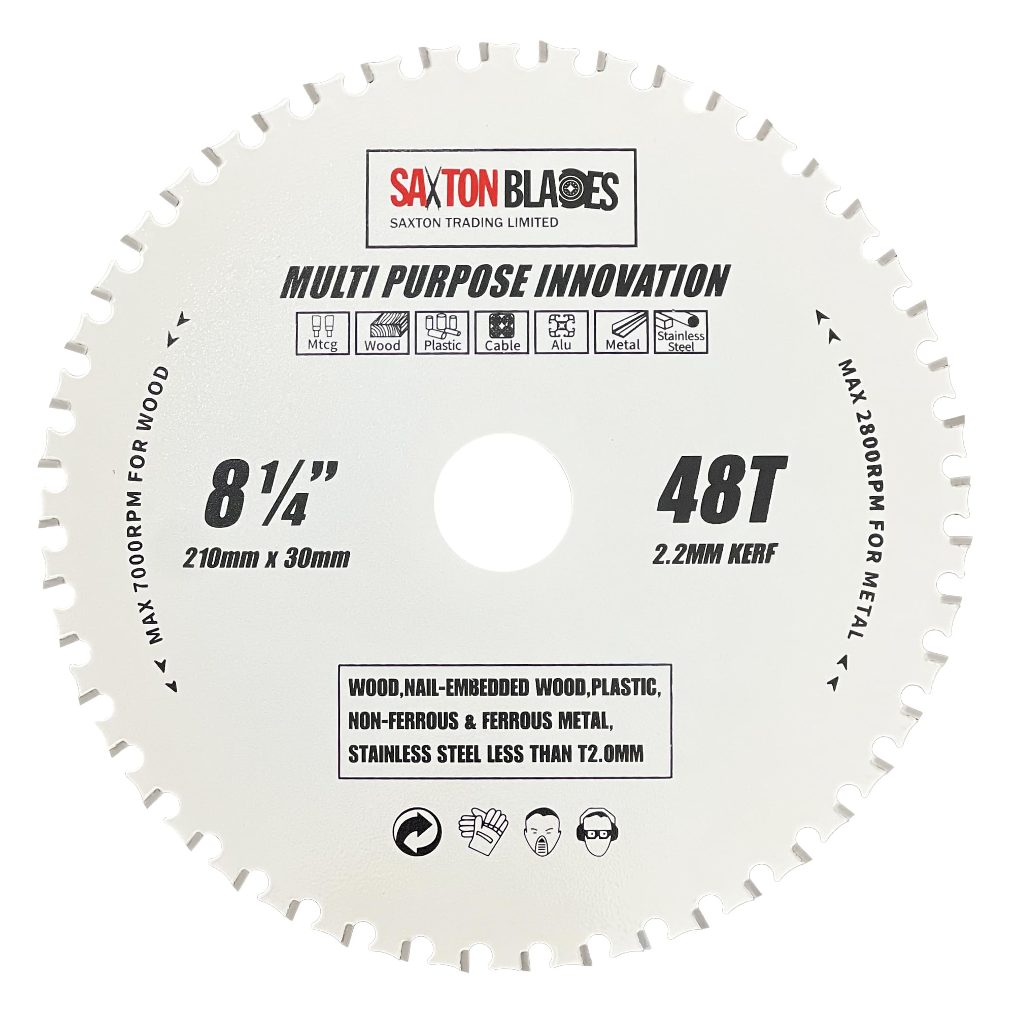 TCT21048TMPT Saxton TCT Multi Purpose Innovation Circular Saw Blade 210mm x 48T Wood and Metal fits Bosch Dewalt Ryobi Makita etc