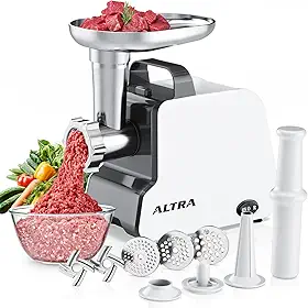ALTRA LIFE Moedor De Carne Elétrico, 2300 W Máx., Enchedor De Salsichas De Alta Resistência Com 2 Lâminas, 3 Pratos De Moagem, Tubo Para Salsicha E Kit Kubbe, Moedor De Carne Doméstico Com Alça (Pre