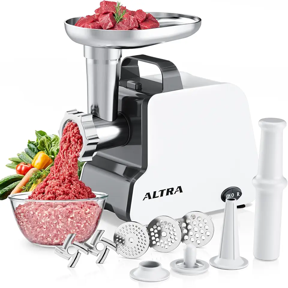 ALTRA LIFE Moedor De Carne Elétrico, 2300 W Máx., Enchedor De Salsichas De Alta Resistência Com 2 Lâminas, 3 Pratos De Moagem, Tubo Para Salsicha E Kit Kubbe, Moedor De Carne Doméstico Com Alça (Pre