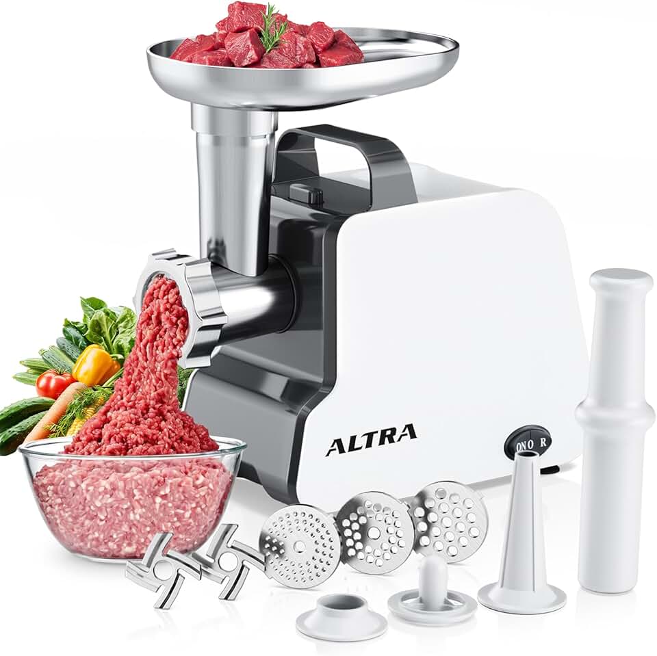 ALTRA LIFE Moedor De Carne Elétrico, 2300 W Máx., Enchedor De Salsichas De Alta Resistência Com 2 Lâminas, 3 Pratos De Moagem, Tubo Para Salsicha E Kit Kubbe, Moedor De Carne Doméstico Com Alça (Pre