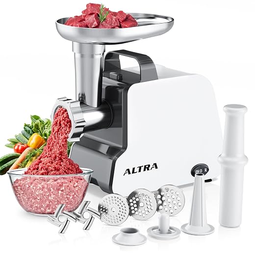 ALTRA Stainless Steel Electric Meat Grinder, Meat Mincer & Sausage Stuffer, [2000W Max] [Concealed Storage Box] Sausage & Kubbe Kit Included, 3 Grinding Plates, 2 Blades, Home Kitchen & Commercial Use