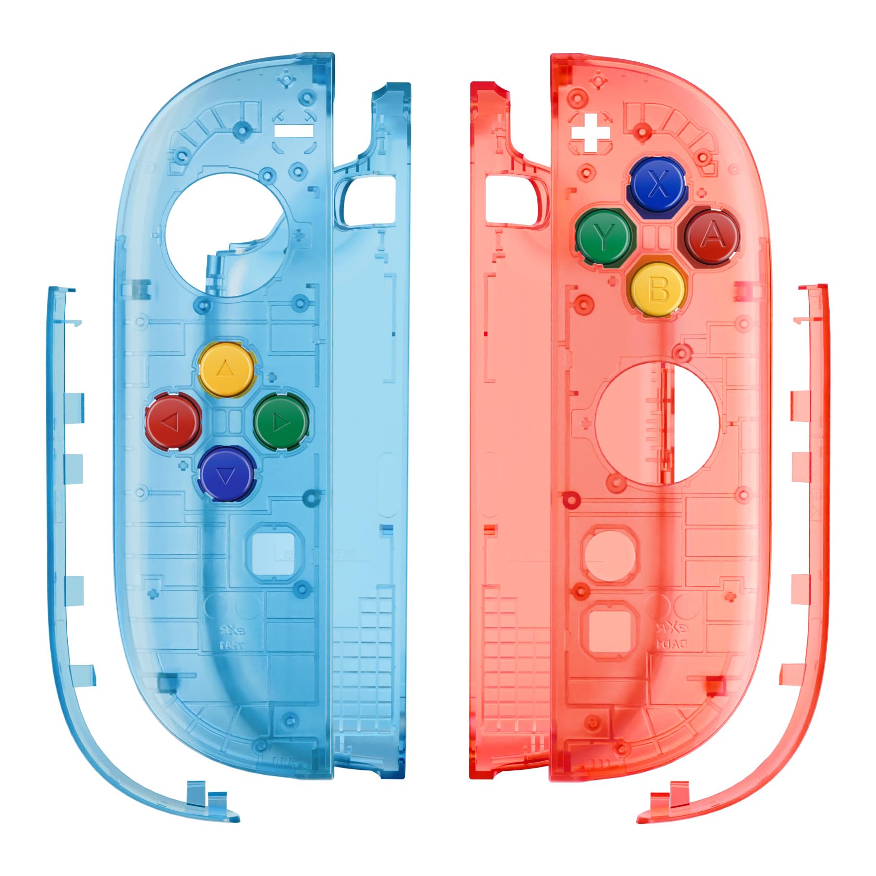 eXtremeRate Ersatz Shell & Buttons Set für Switch 2 Joycons, Essence Version Faceplate/Back Cover/Griff Deko Streifen/ABXY D-Pad-Knöpfe Zubehör für Switch 2 Joy Con-Clear Blau&Clear Orange