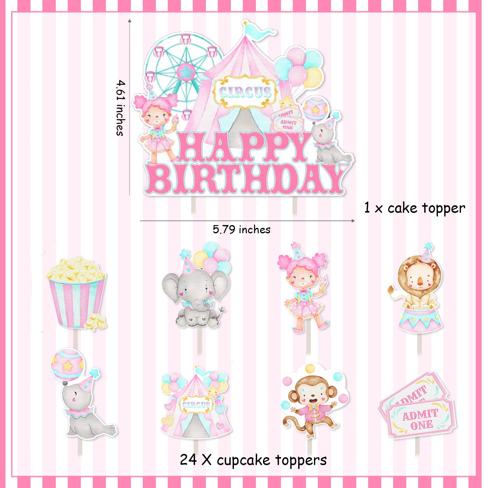 25-teilige Rosa Zirkus-Geburtstagsparty-Dekoration – Cupcake-Topper & Kuchenaufsatz