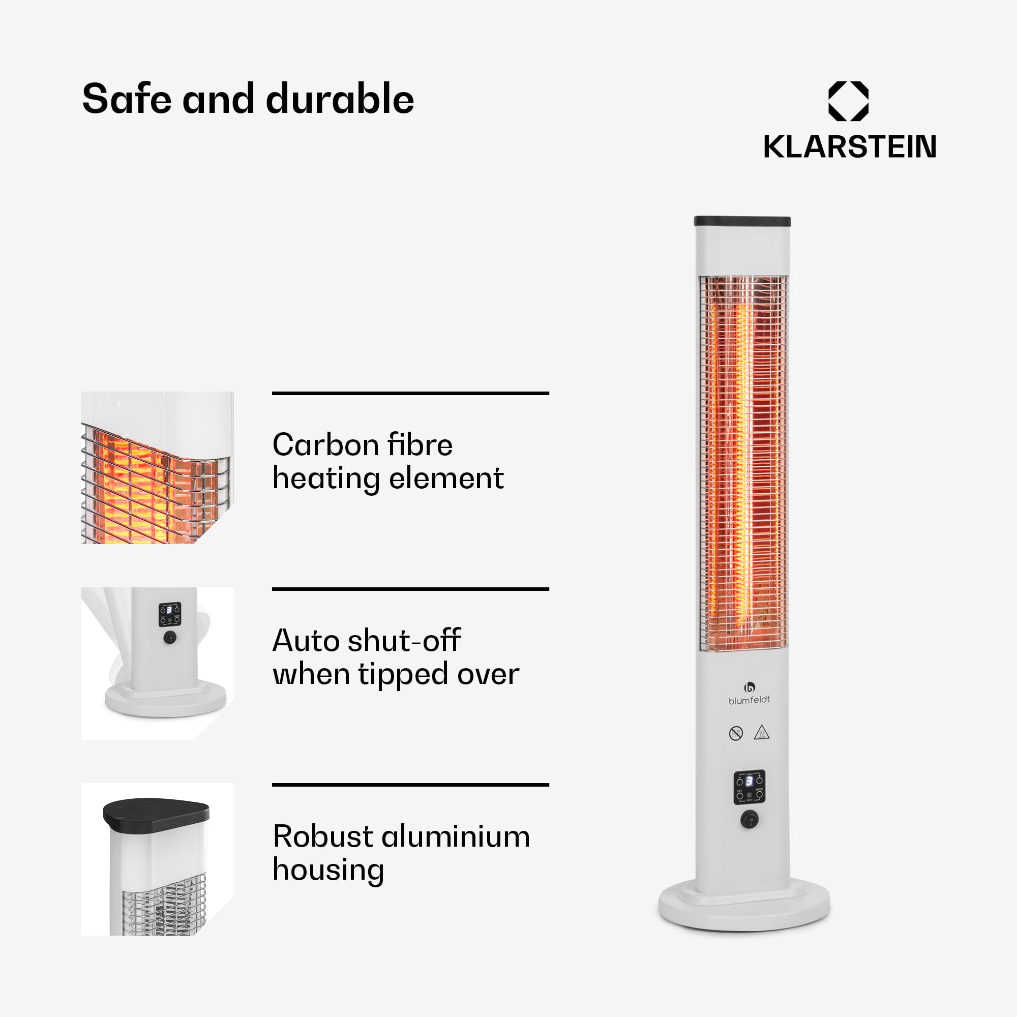 Blumfeldt Heat Guru Plus - Promiennik In & Out, ogrzewanie postojowe, moc: 1200 W, 9-godzinny timer, węglowy element grzewczy, 3 stopnie grzania, obudowa ze stopu aluminium anodowanego - kolor biały