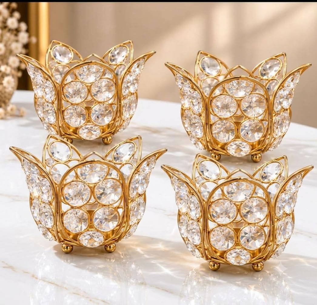 Gold Lotus Crystal Candle Holders - Home Decor -1