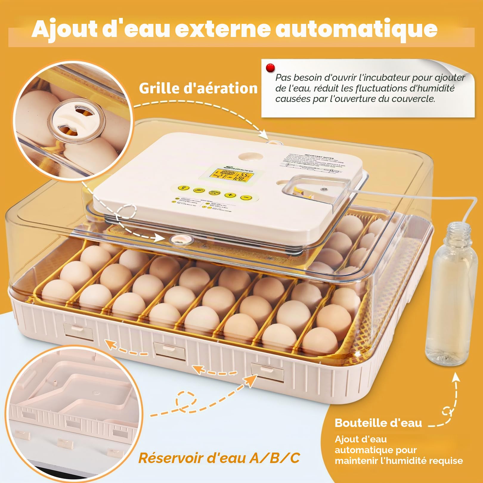 Sailnovo Couveuse Automatique pour 56 Œufs, Couveuse Oeuf Poule avec Retournement Automatique des Œufs, Contrôle de Température et Ajout Automatique d'Humidité, Jaune