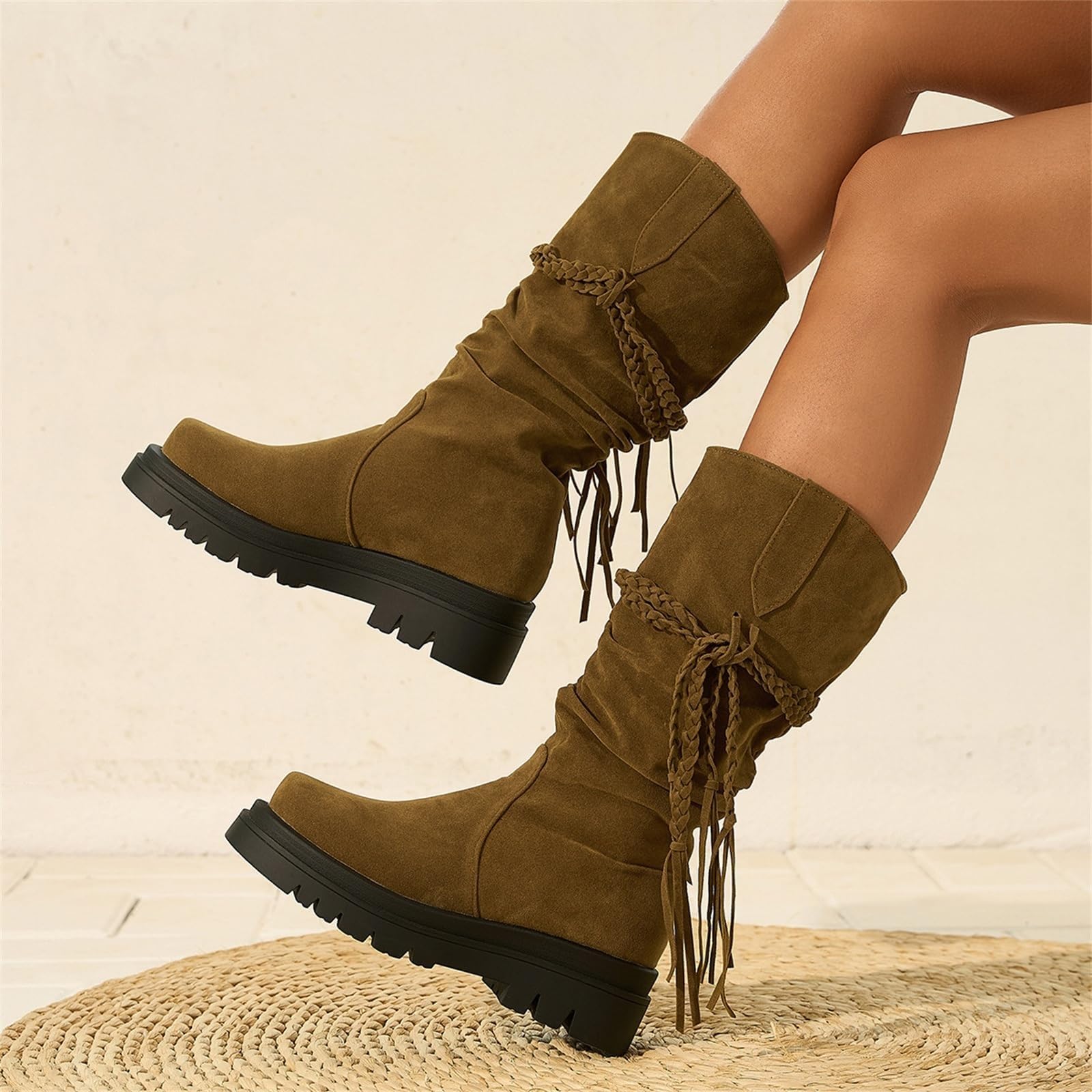 Damskie buty Fringe Western Mid Vitello Slip On Cuneo Buty śnieżne Platforma Długie drzewo Camomile