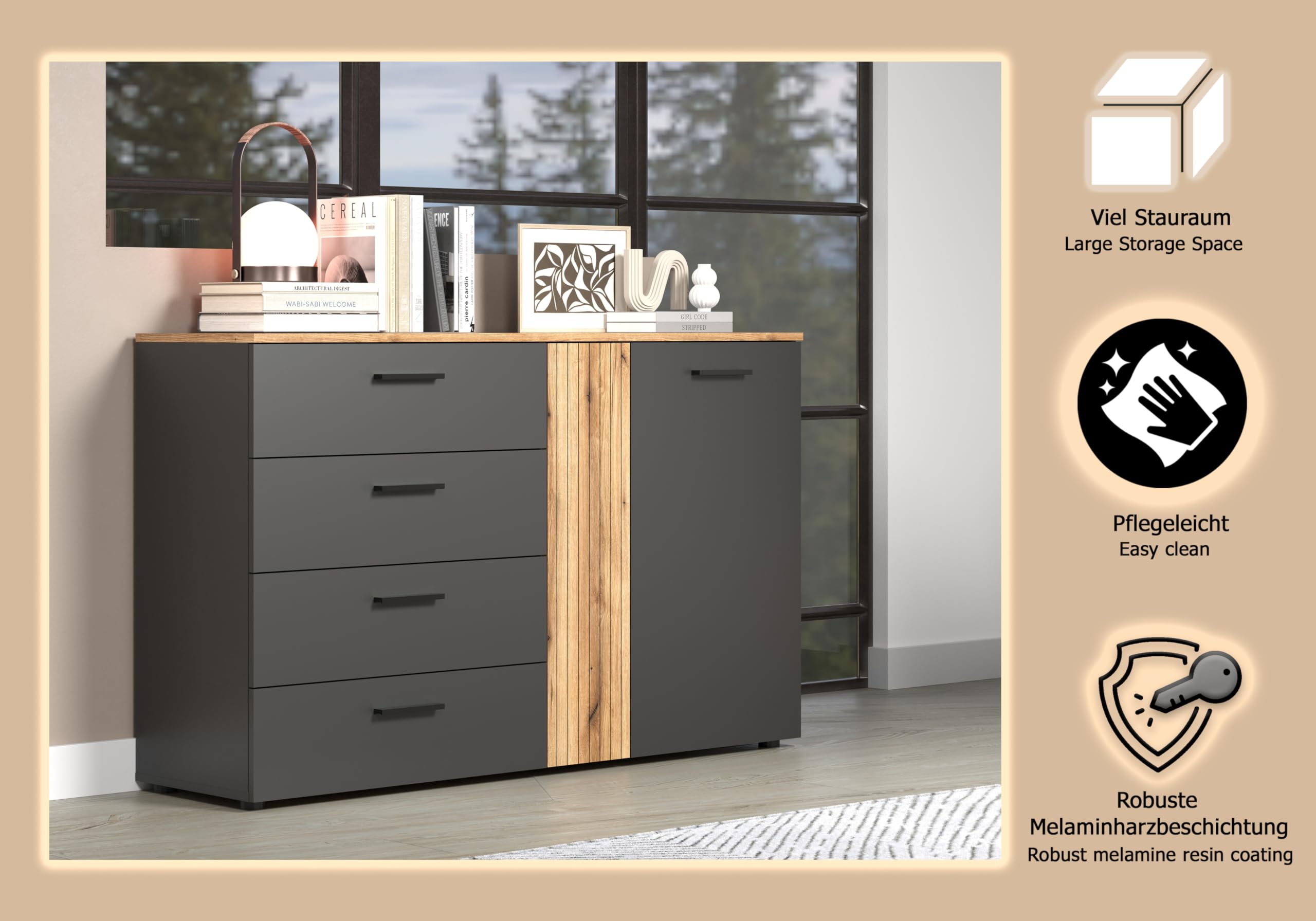 trendteam smart living Esteban Kommode Anthrazit/Evoke Eiche Wohnzimmermöbel mit 4 Vollauszug-Schubladen (BxHxT) 139 x 86 x 38 cm Rillenoptik