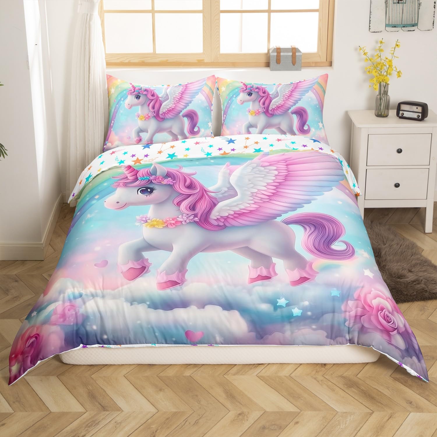 Erosebridal Unicorn Bedding Sets Toddler for Girls Kids Rainbow Unicorn Duvet Cover Blue Purple Gradient Comforter Cover Galaxy Stars Fantasy Decor Bedspread Cover Kawaii Unicorn Bedding