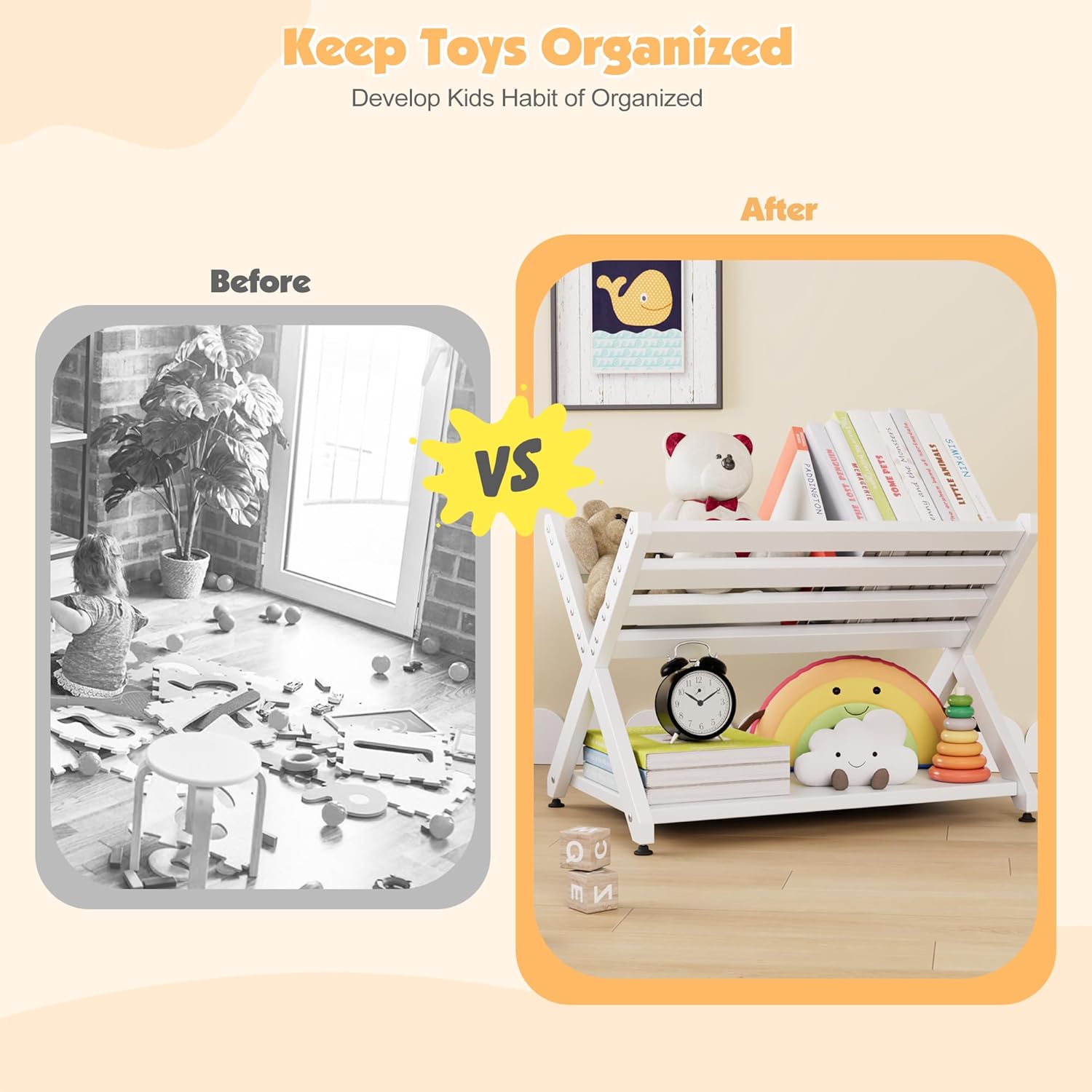 NACHES Book Caddy with Shelf Toy Storage Organizer Tilted Mini Nursery Book Rack Tabletop Desktop Holder for Toddlers, Bedroom, Playroom, Nursery, Sturdy(White X-Shape)