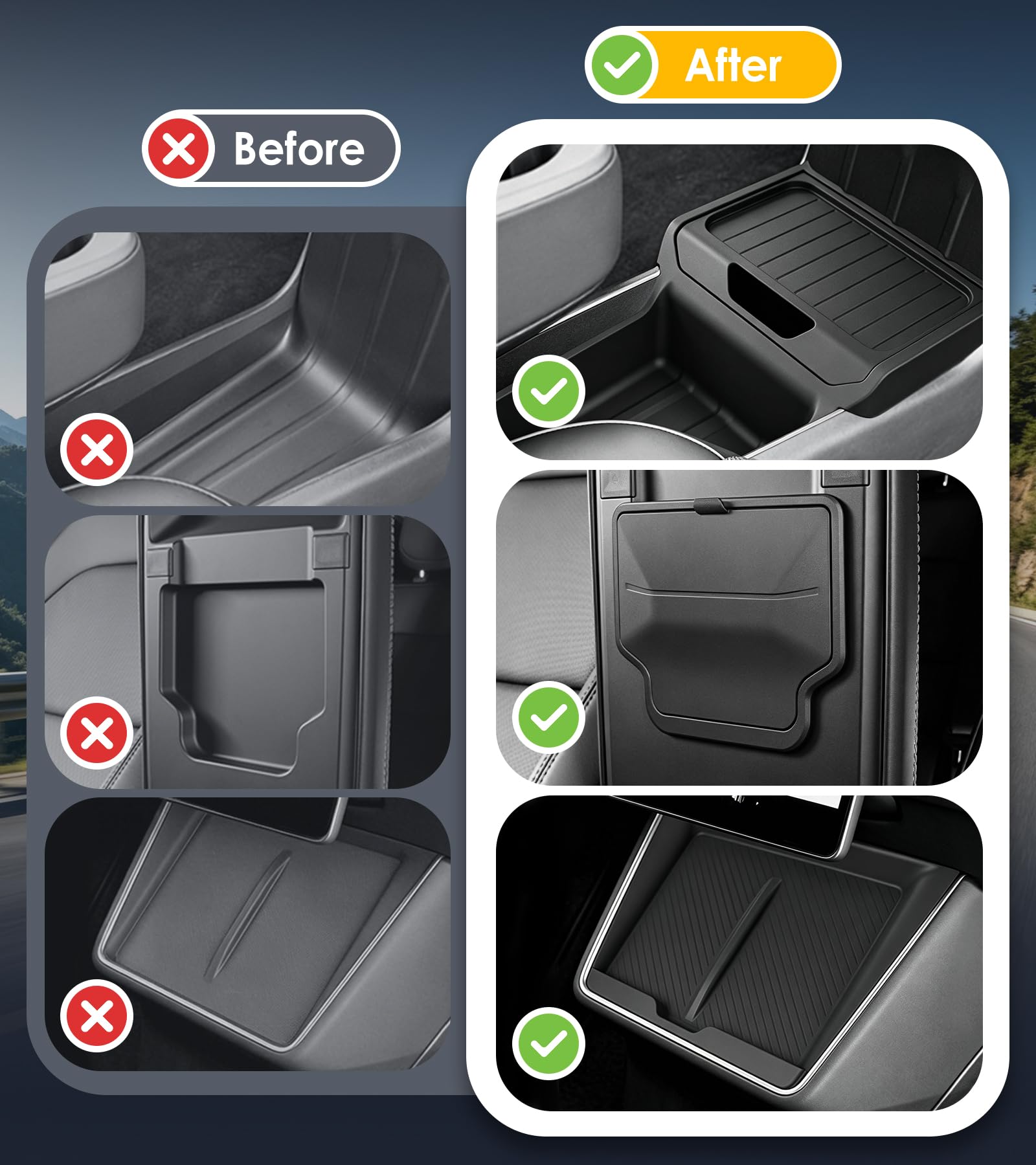 4 Pièces Accessoire pour Tesla Model Y Juniper Standard 2026 2025, Comprend un Rangement Inférieur Console Centrale, Rangement Dissimulé, Socle Recharge, Porte-gobelet
