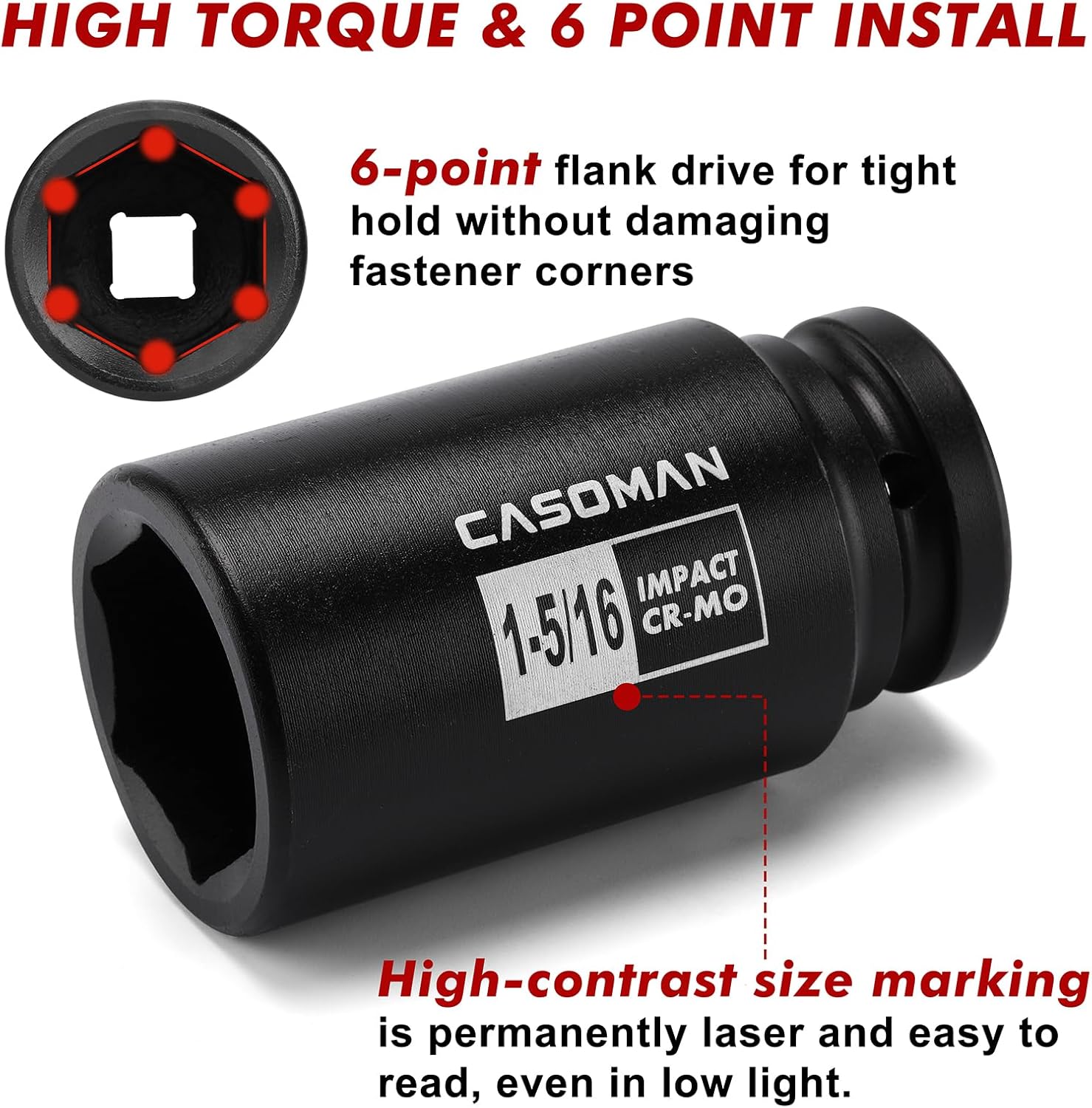 CASOMAN 3/4" Drive Deep Impact Socket Set, 8 Piece Set, SAE Sizes (1-Inch to 1-1/2-Inch), 6 Point, 3/4" Dr. Heavy Duty Impact Socket Set