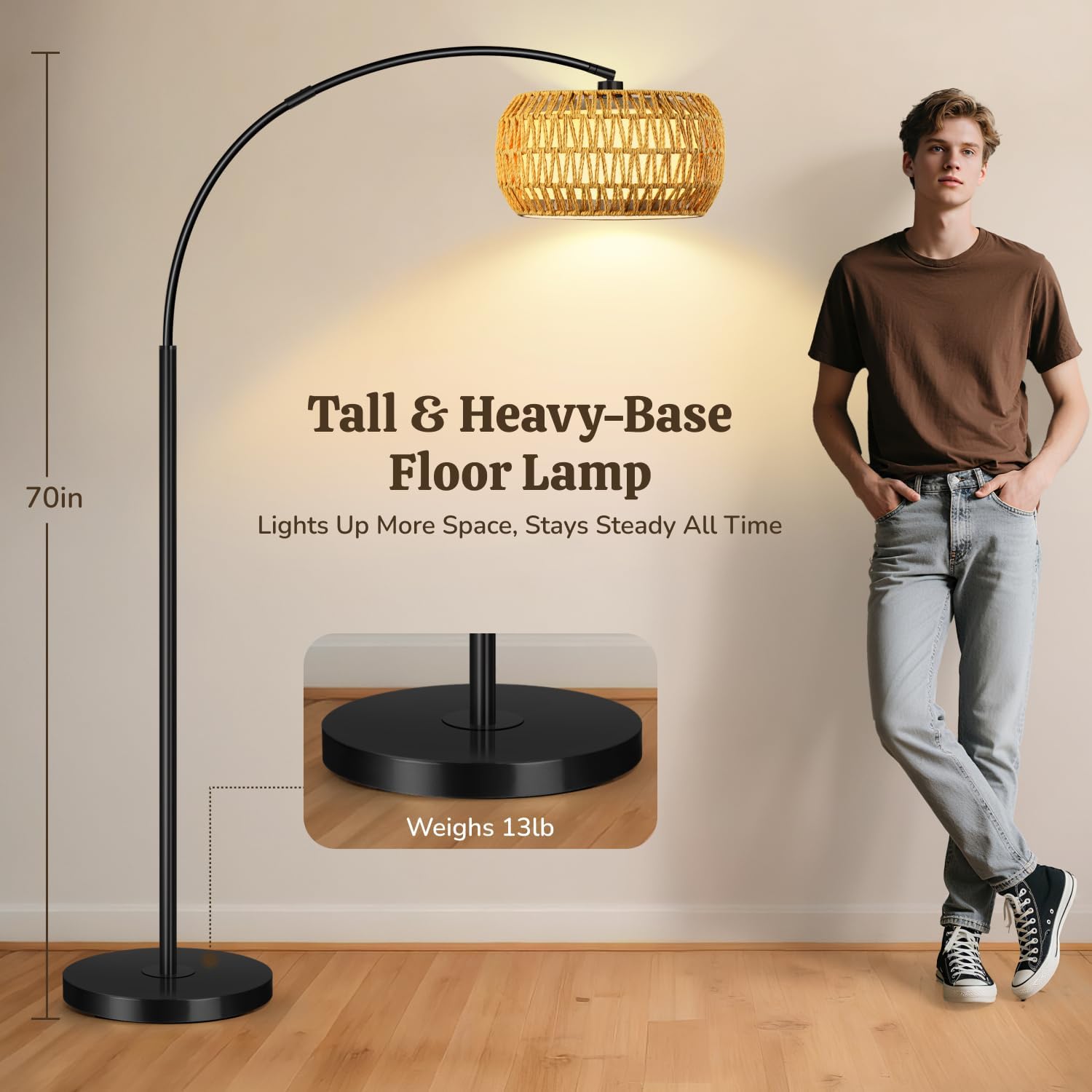 Arc Floor Lamp for Living Room, Rattan Boho Floor Lamp with Remote Control, Black Standing Lamp with 3 Color Temperatures & Dimmable LED Bulb, Tall Lamp for Bedroom, Over Couch Arched Reading Light