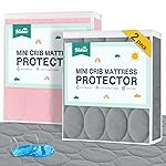 Mini Crib Mattress Protector Sheets Waterproof 2 Pack, Quilted Pack and Play Mattress Pad Cover Fits for Baby Mini Crib/Playen/Pack and Play Mattress, Grey & Pink, 38x24