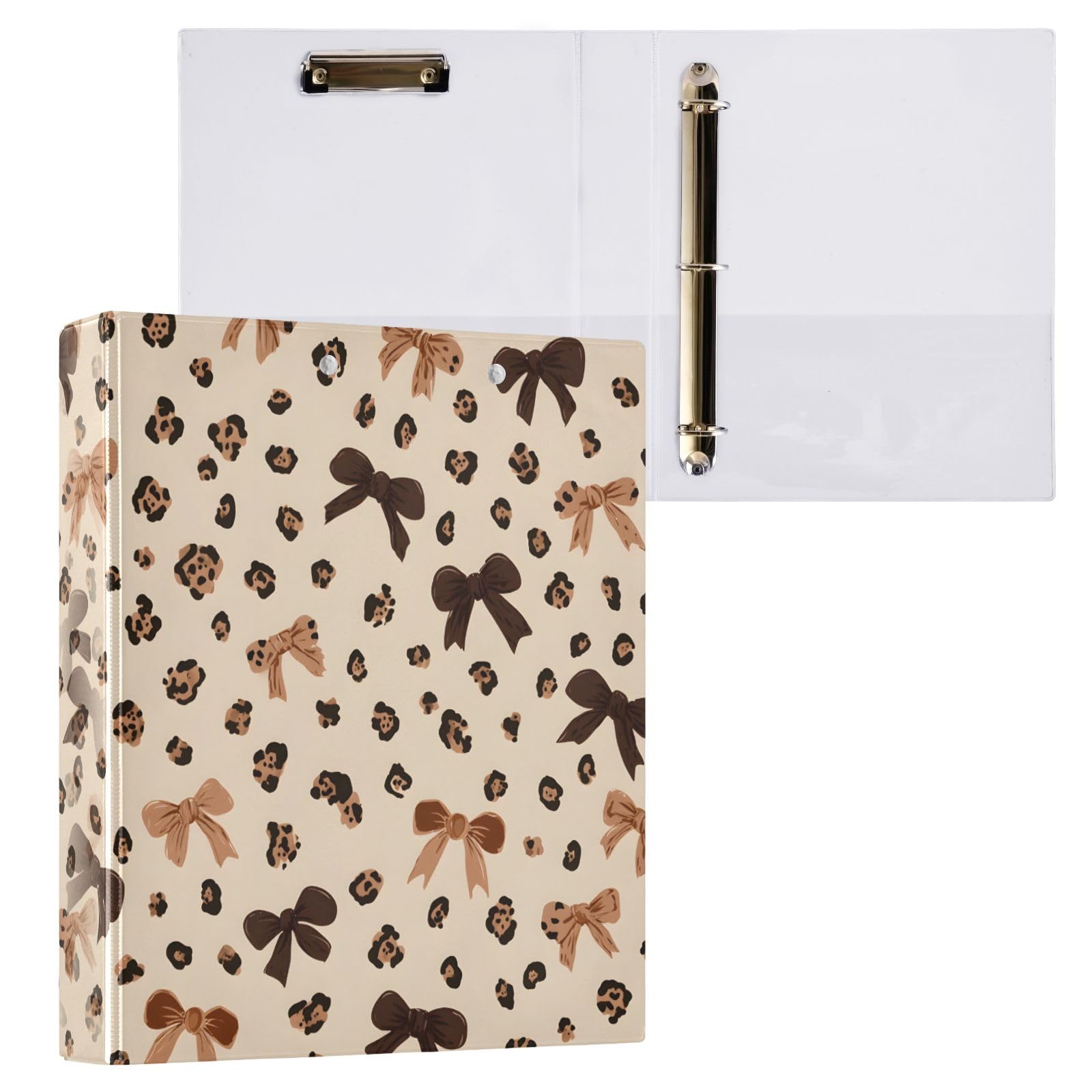 Raccoglitore a 3 anelli con motivo leopardato con fiocco da 3,8 cm, contiene 200 fogli, raccoglitori a 3 anelli con clip in metallo antiscivolo